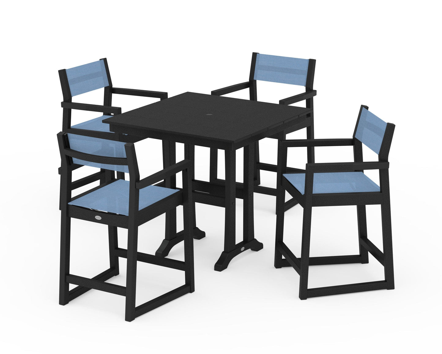 POLYWOOD EDGE Sling Arm Chair 5-Piece Farmhouse Counter Set with Trestle Legs — Black / Poolside Sling