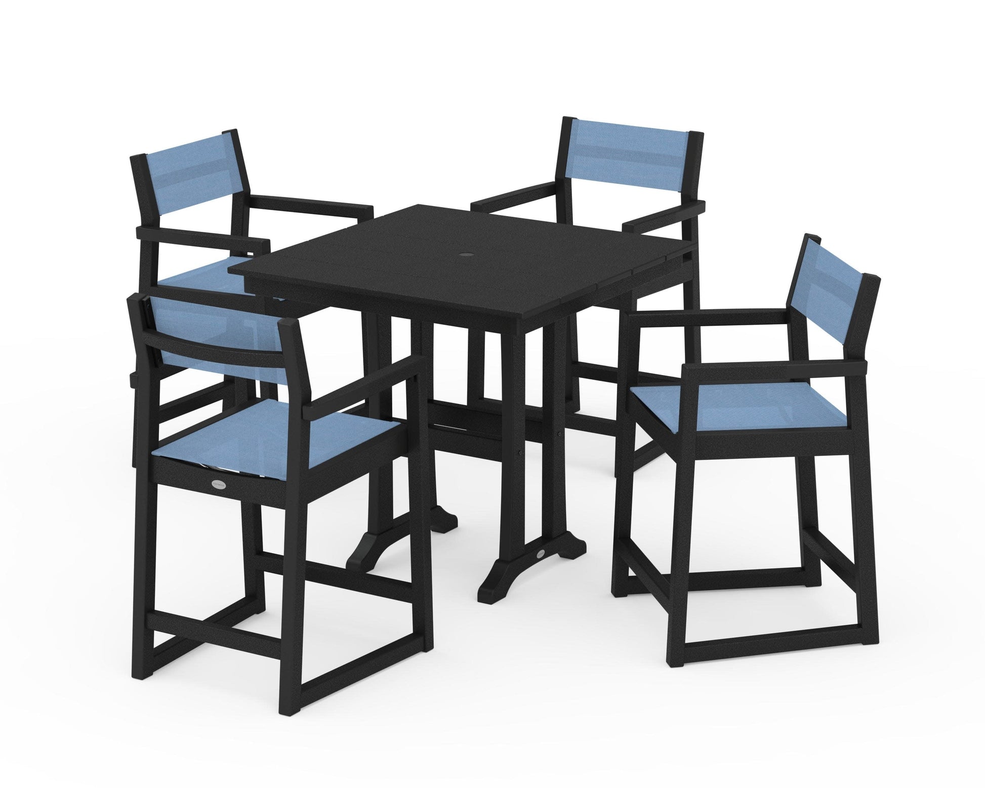 POLYWOOD EDGE Sling Arm Chair 5-Piece Farmhouse Counter Set with Trestle Legs — Black / Poolside Sling