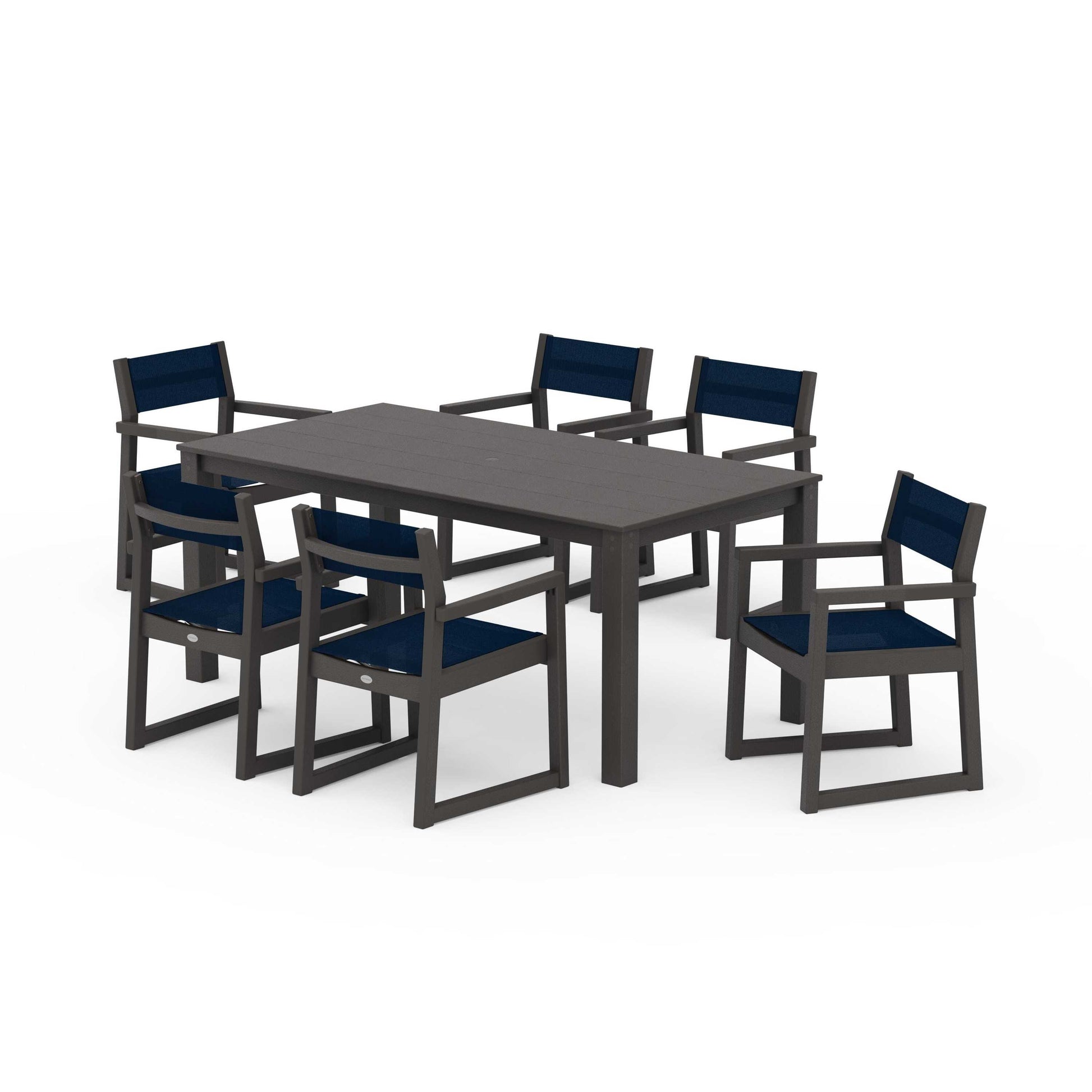 POLYWOOD EDGE Sling Arm Chair 7-Piece Parsons Dining Set — Vintage Coffee / Navy Blue Sling