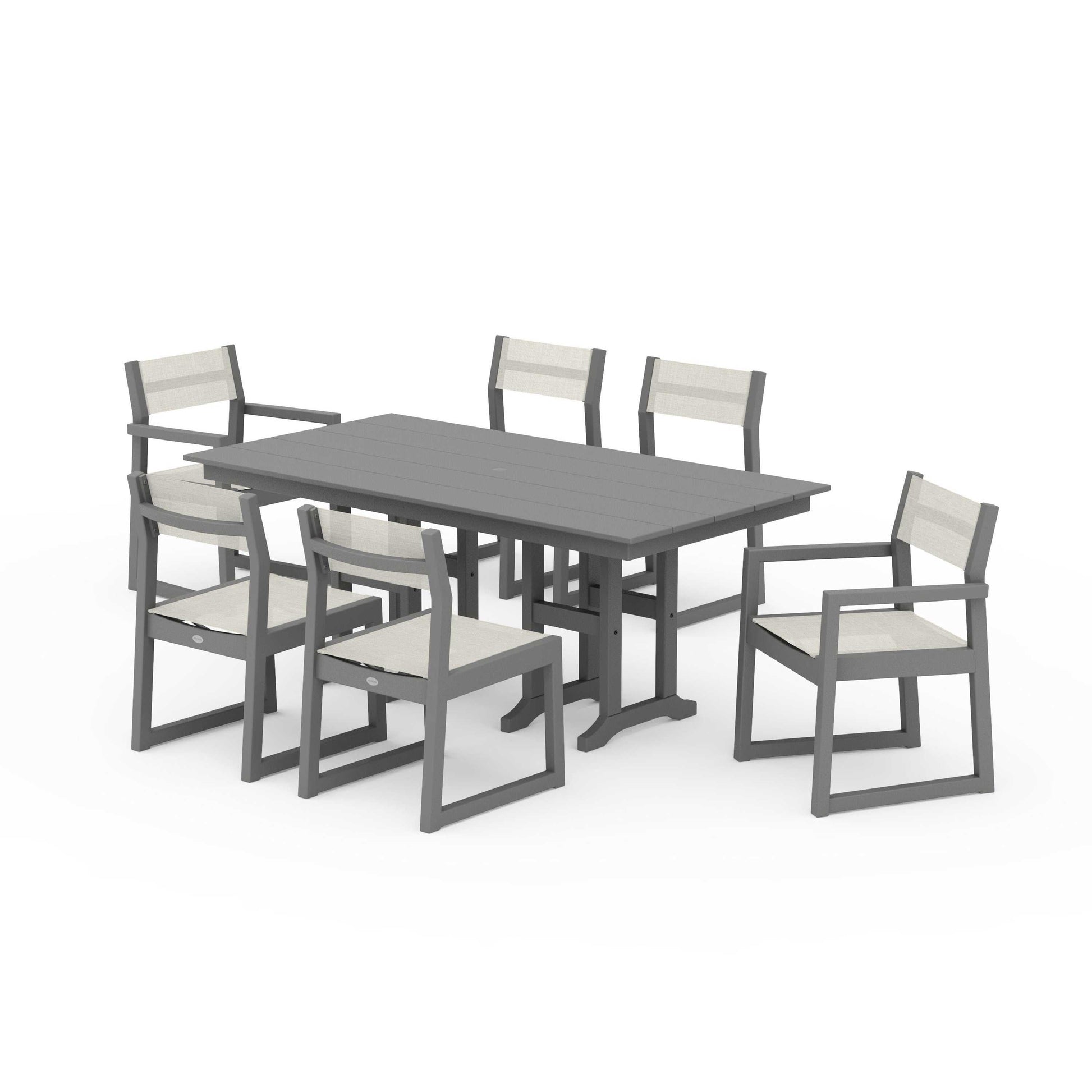 POLYWOOD EDGE Sling 7-Piece Farmhouse Dining Set — Slate Grey / Parchment Sling
