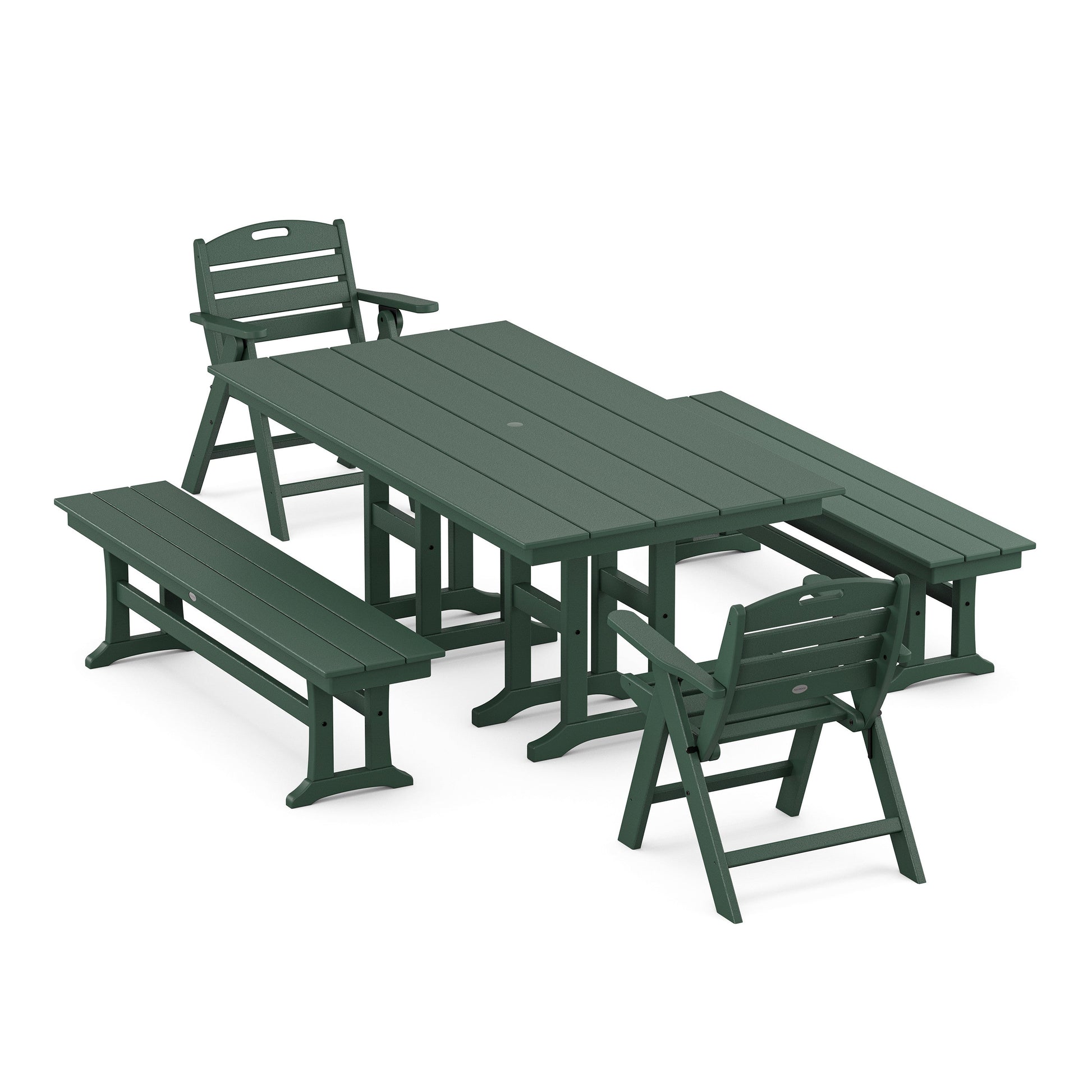 POLYWOOD Nautical Lowback 5-Piece Farmhouse Dining Set with Benches — Green