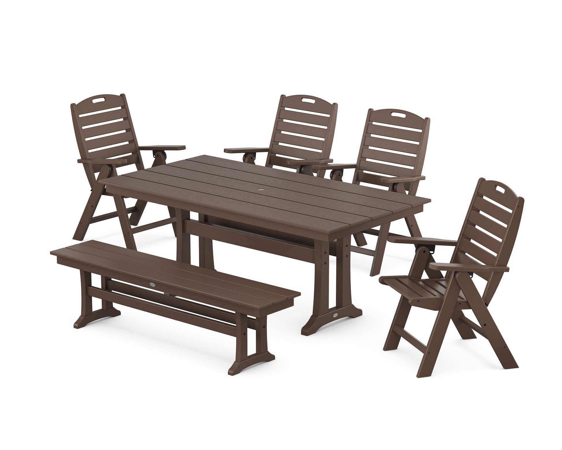 POLYWOOD Nautical Highback 6-Piece Farmhouse Dining Set with Trestle Legs and Bench — Mahogany