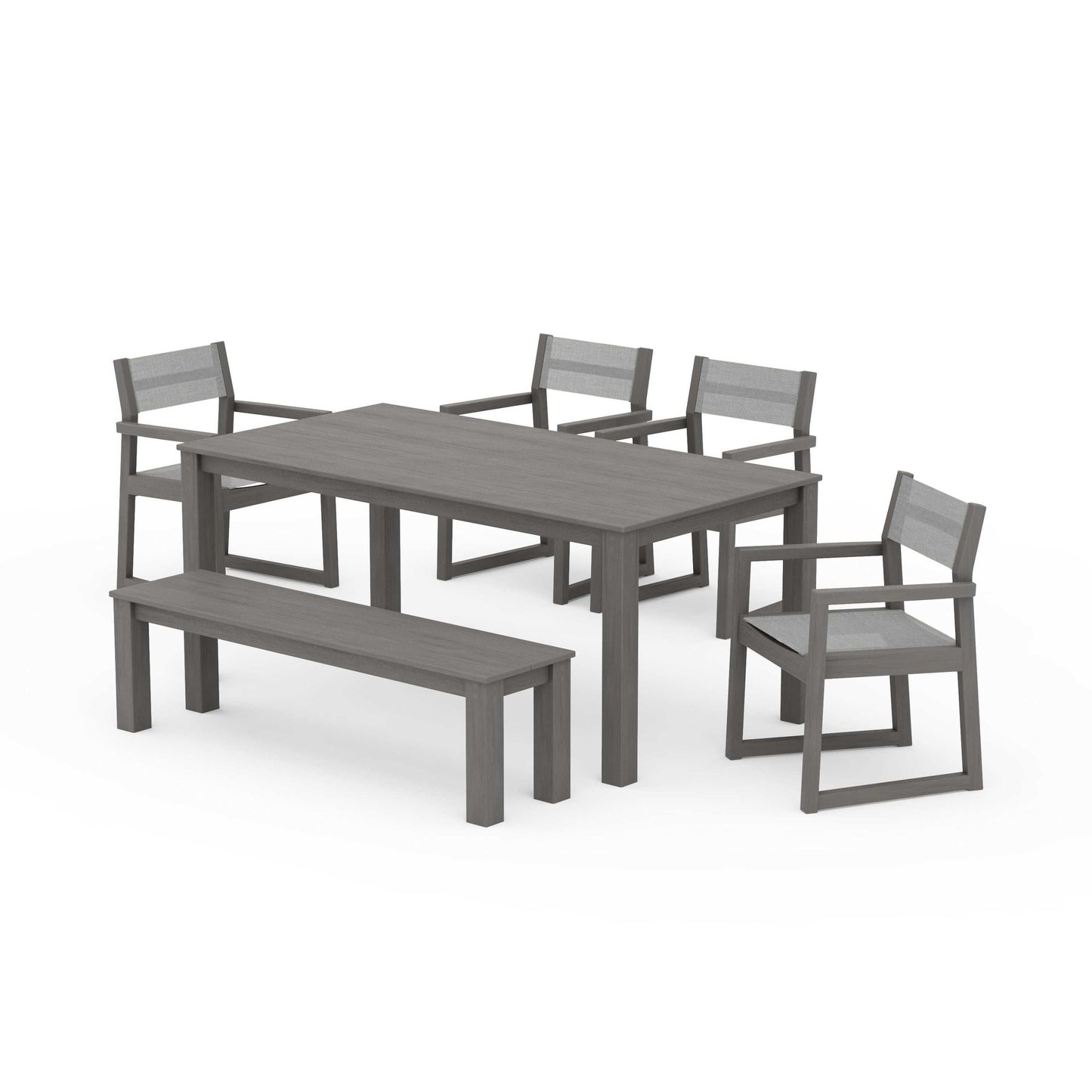 POLYWOOD EDGE Sling Arm Chair 6-Piece Parsons Dining Set with Bench — Driftwood / Metallic Sling