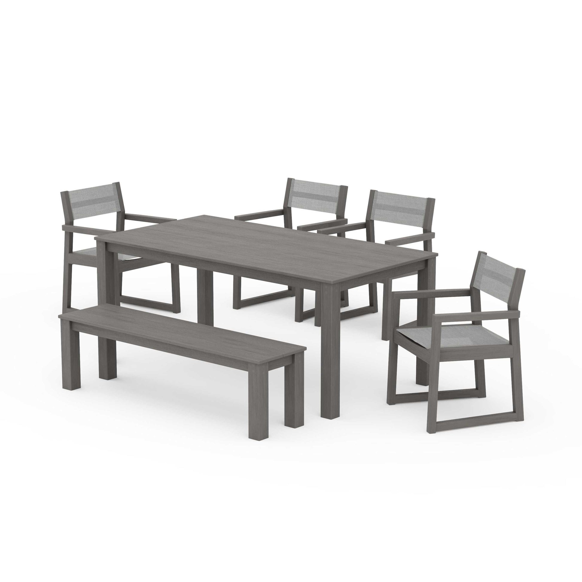 POLYWOOD EDGE Sling Arm Chair 6-Piece Parsons Dining Set with Bench — Driftwood / Metallic Sling
