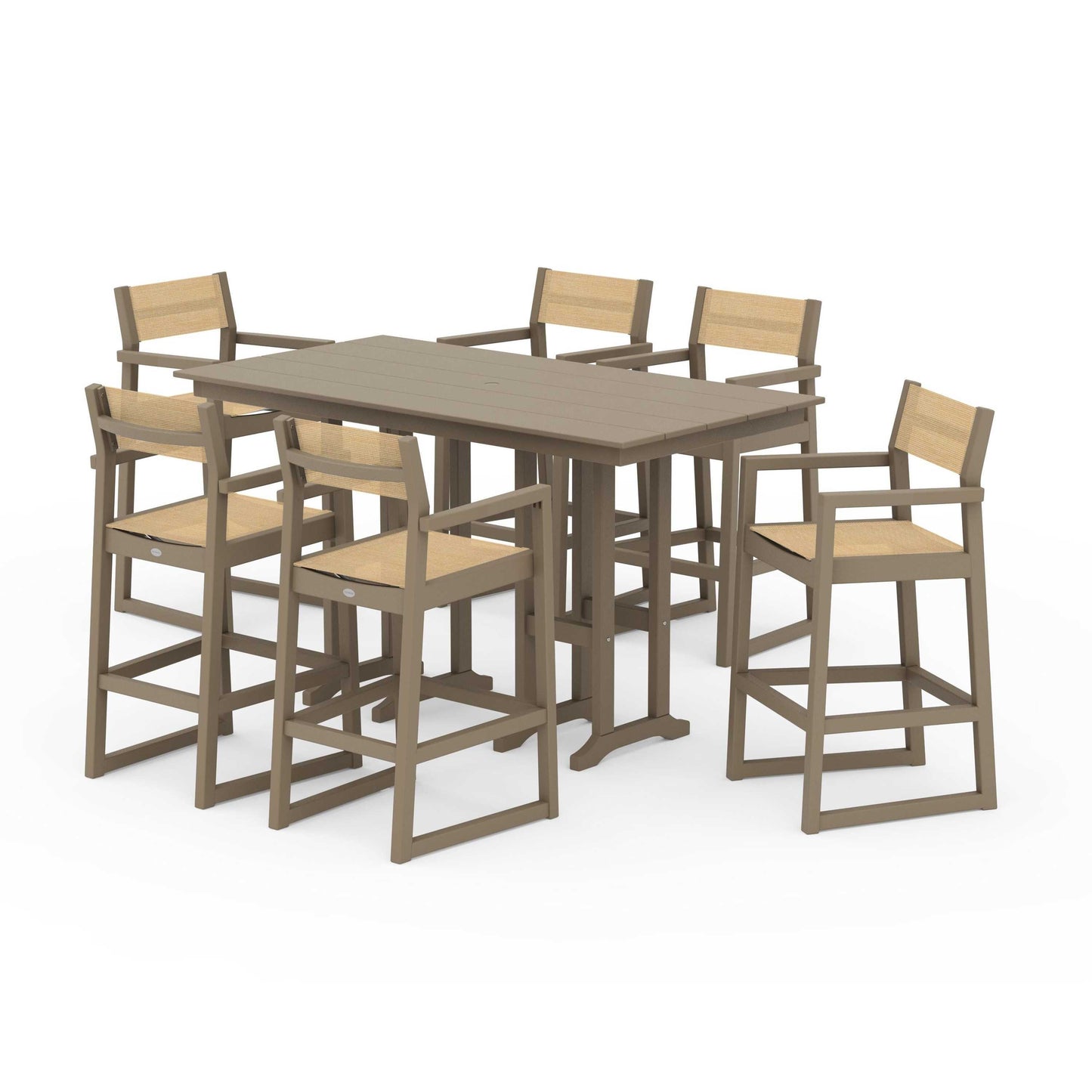 POLYWOOD EDGE Sling Arm Chair 7-Piece Farmhouse Bar Set — Vintage Sahara / Dupioni Apricot Sling