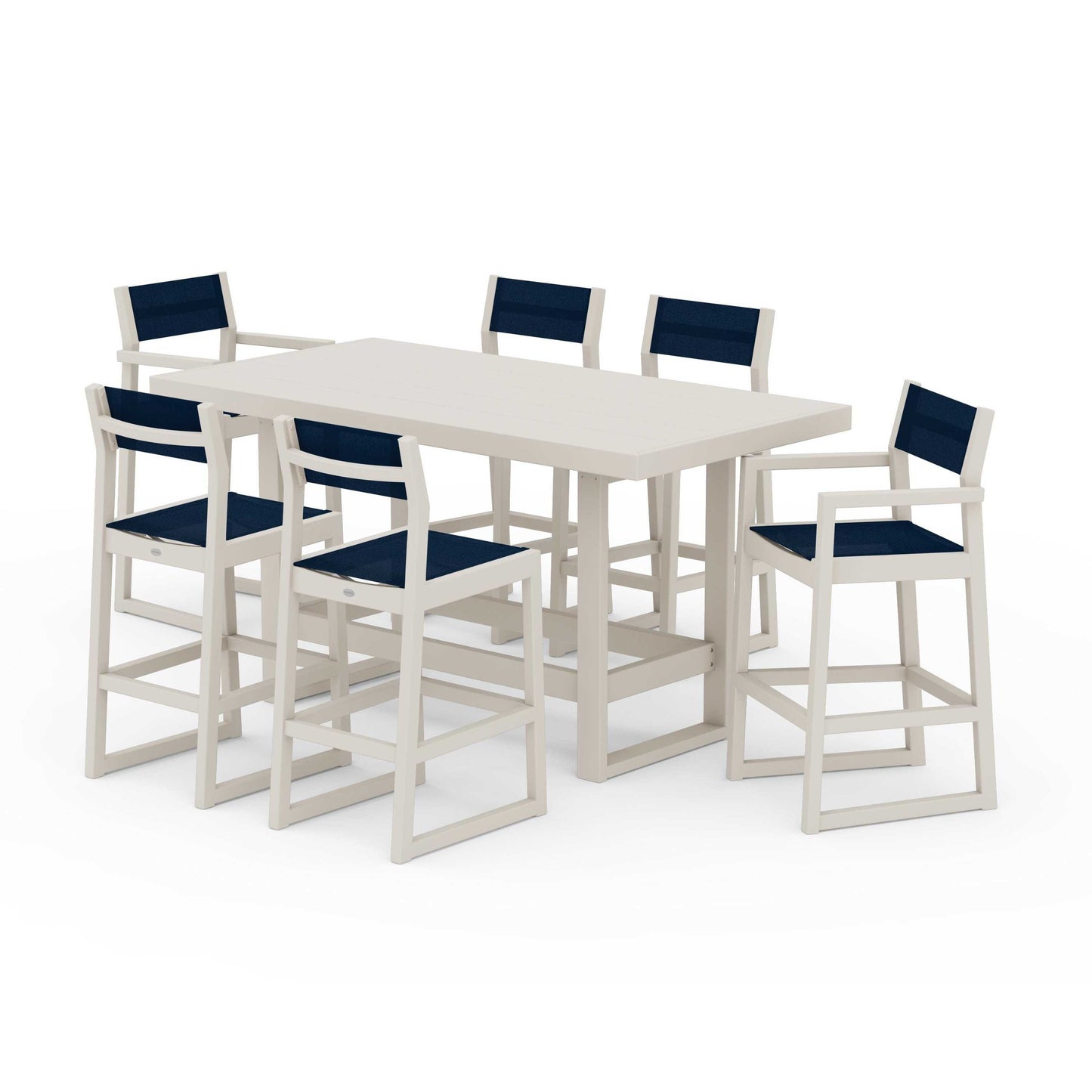 POLYWOOD EDGE Sling 7-Piece Bar Table Set — Sand / Navy Blue Sling