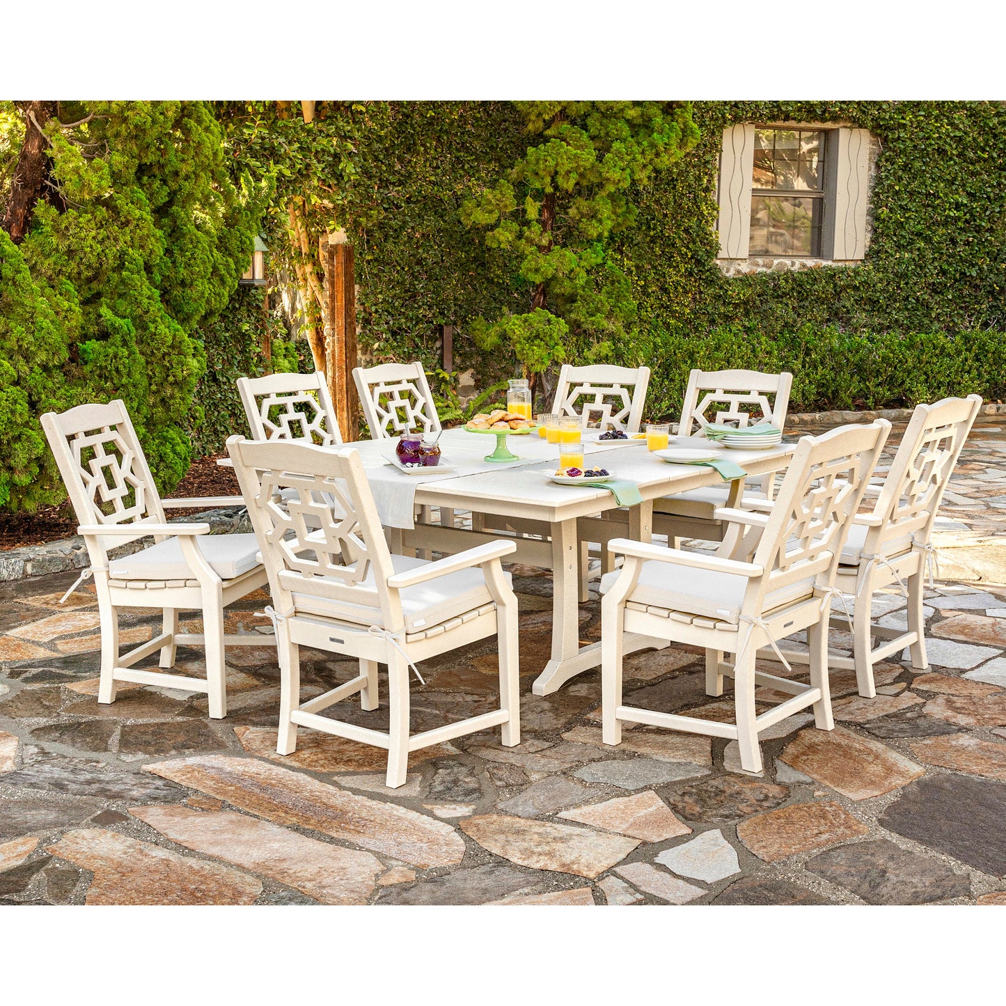 POLYWOOD Chinoiserie 9-Piece Square Farmhouse Dining Set with Trestle Legs