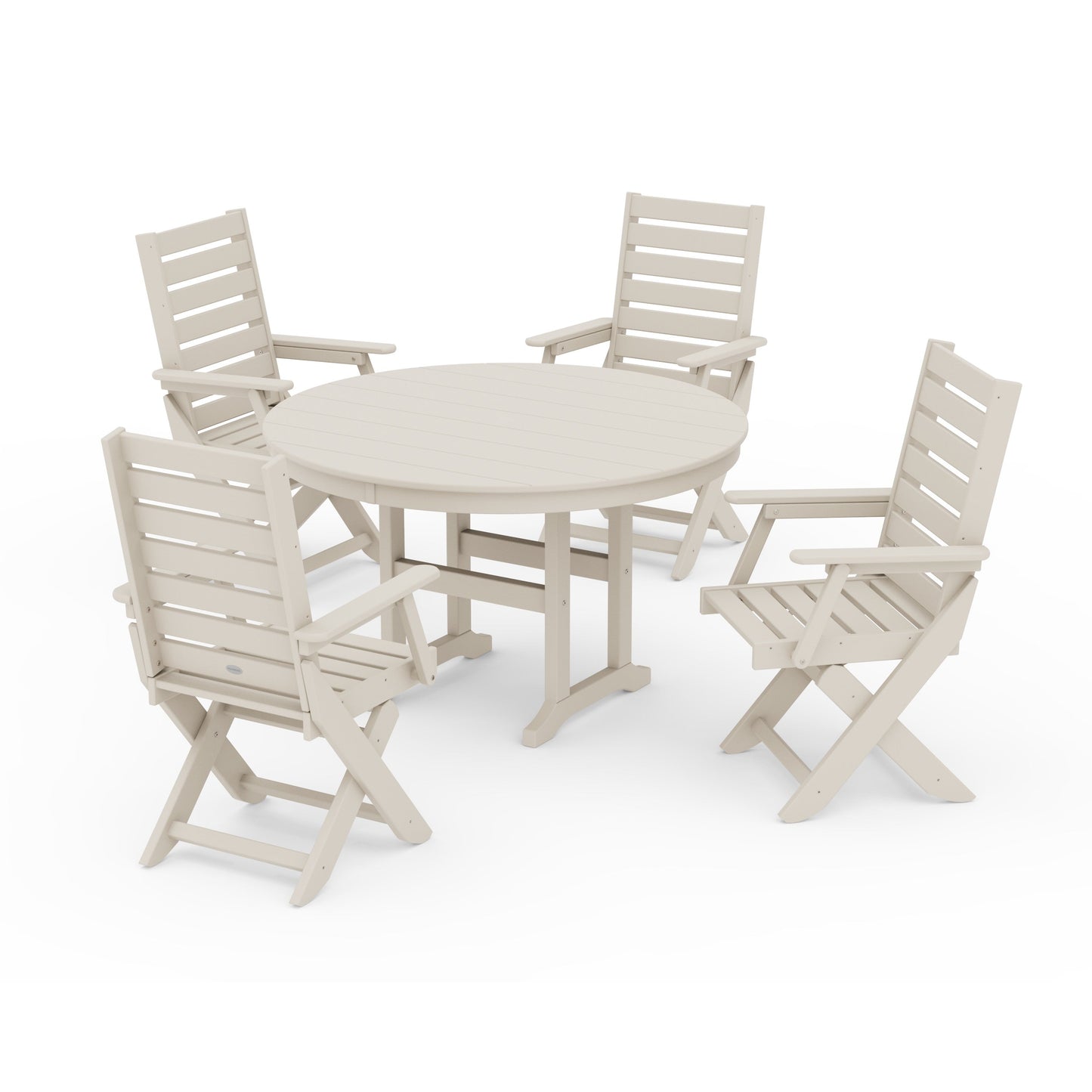 POLYWOOD Captain Folding Chair 5-Piece Round Dining Set — Sand