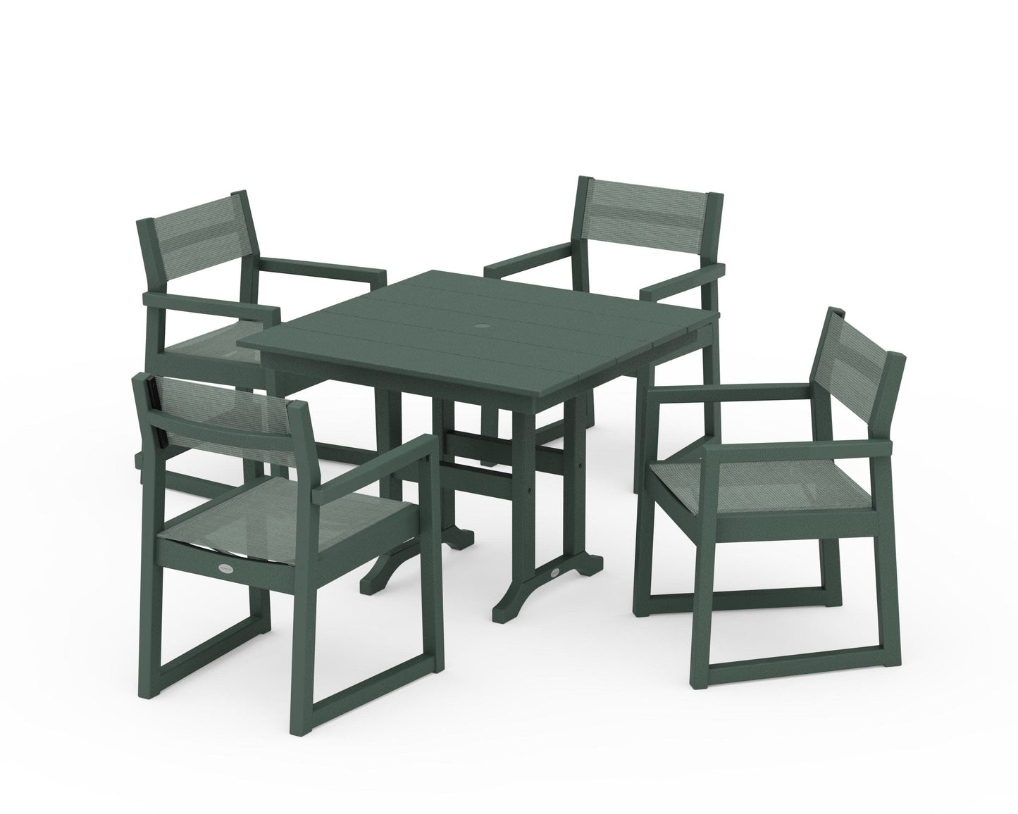 POLYWOOD EDGE Sling Arm Chair 5-Piece Farmhouse Dining Set — Green / Dupioni Sea Mist Sling