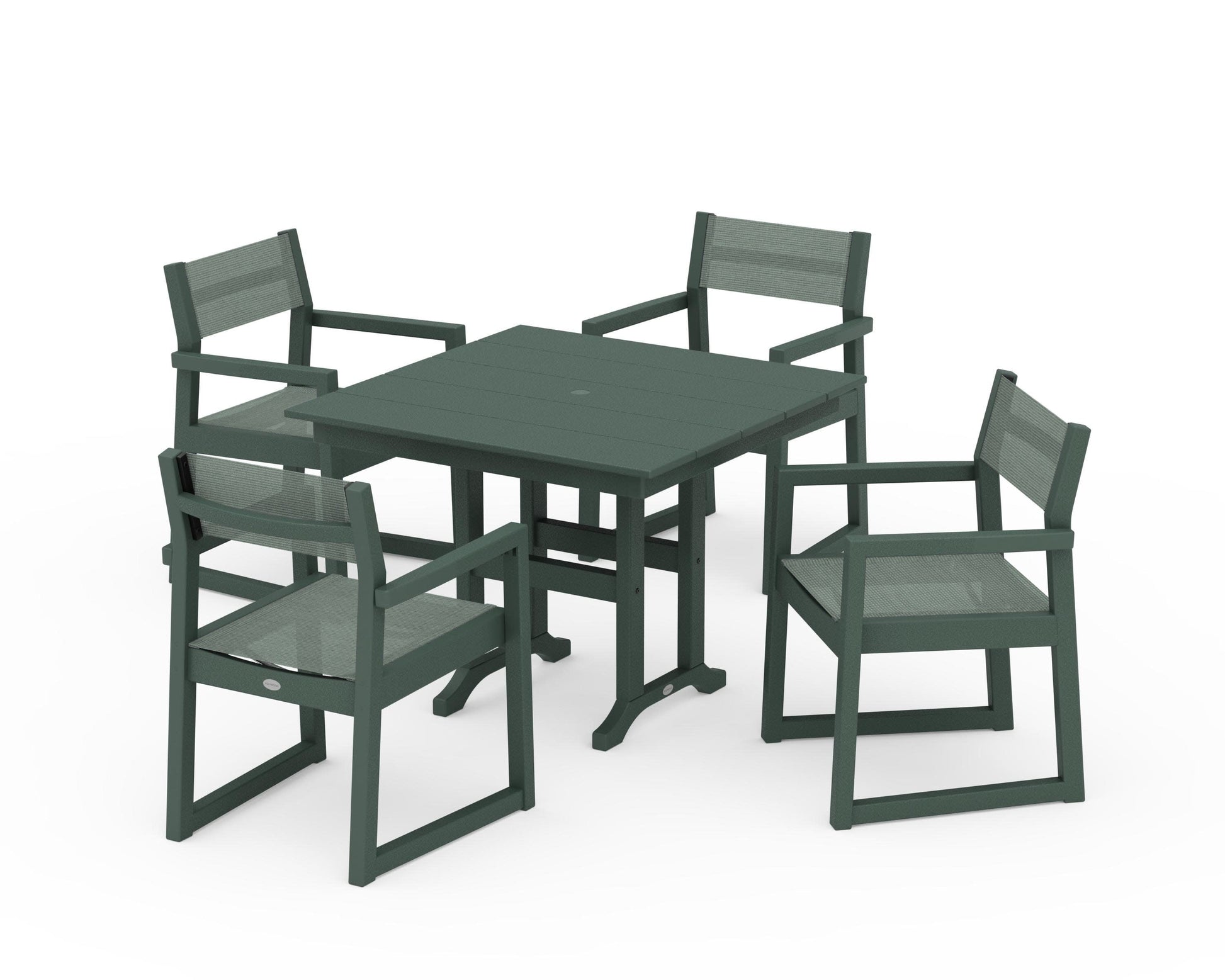 POLYWOOD EDGE Sling Arm Chair 5-Piece Farmhouse Dining Set — Green / Dupioni Sea Mist Sling