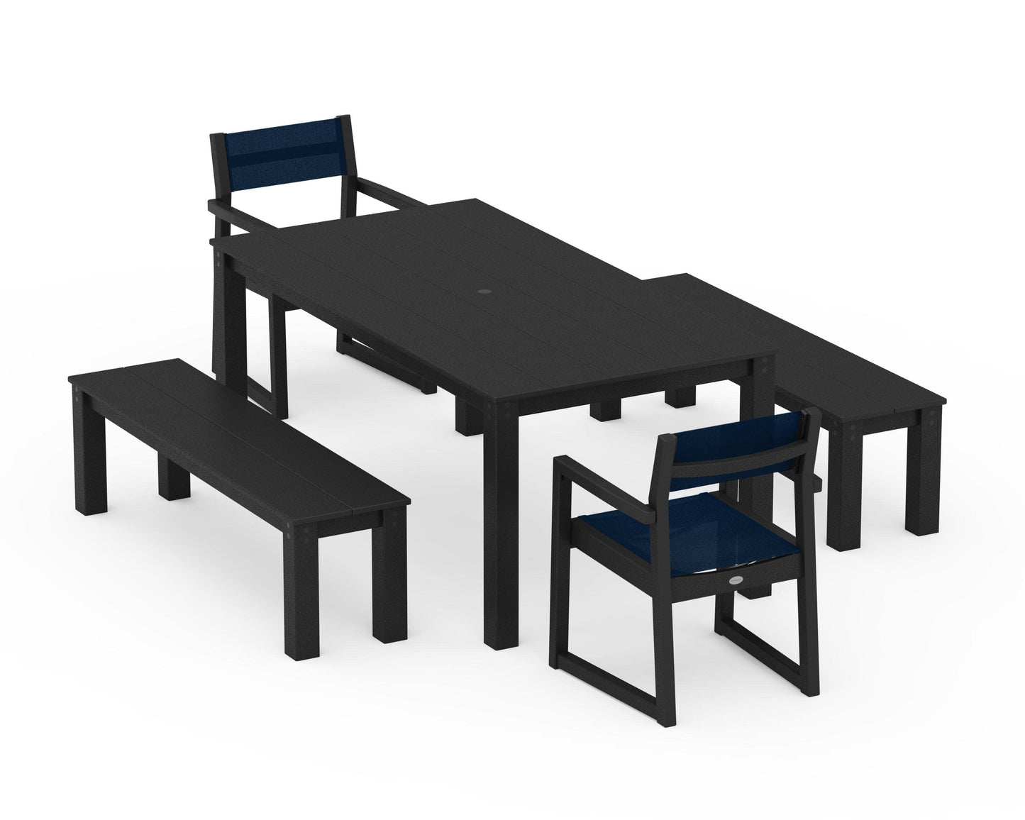 POLYWOOD EDGE Sling Arm Chair 5-Piece Parsons Dining Set with Benches — Black / Navy Blue Sling