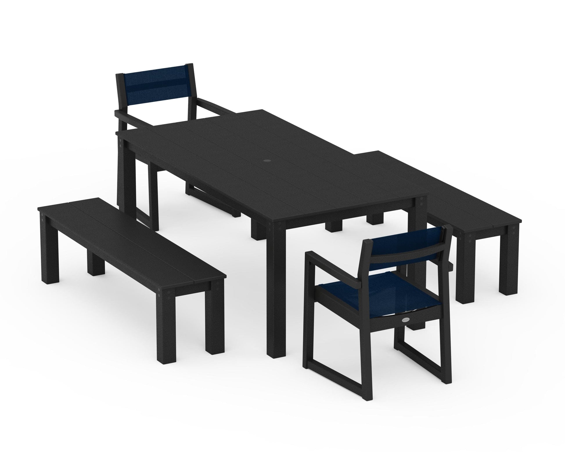 POLYWOOD EDGE Sling Arm Chair 5-Piece Parsons Dining Set with Benches — Black / Navy Blue Sling