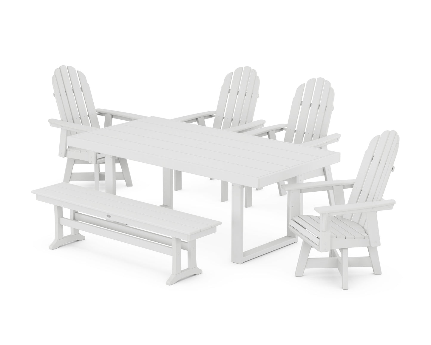 POLYWOOD Vineyard Curveback Adirondack Swivel Chair 6-Piece Dining Set with Bench — White