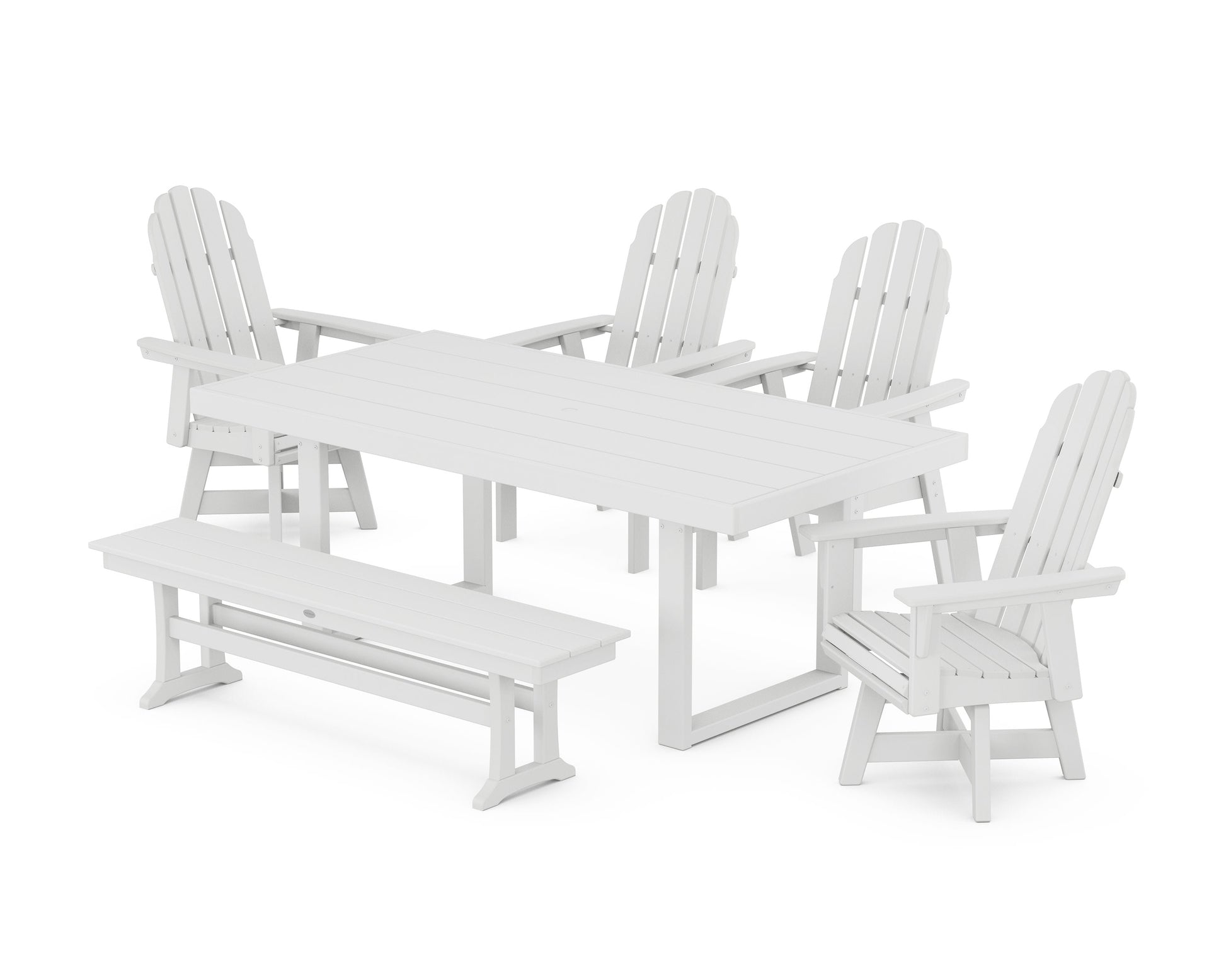 POLYWOOD Vineyard Curveback Adirondack Swivel Chair 6-Piece Dining Set with Bench — White