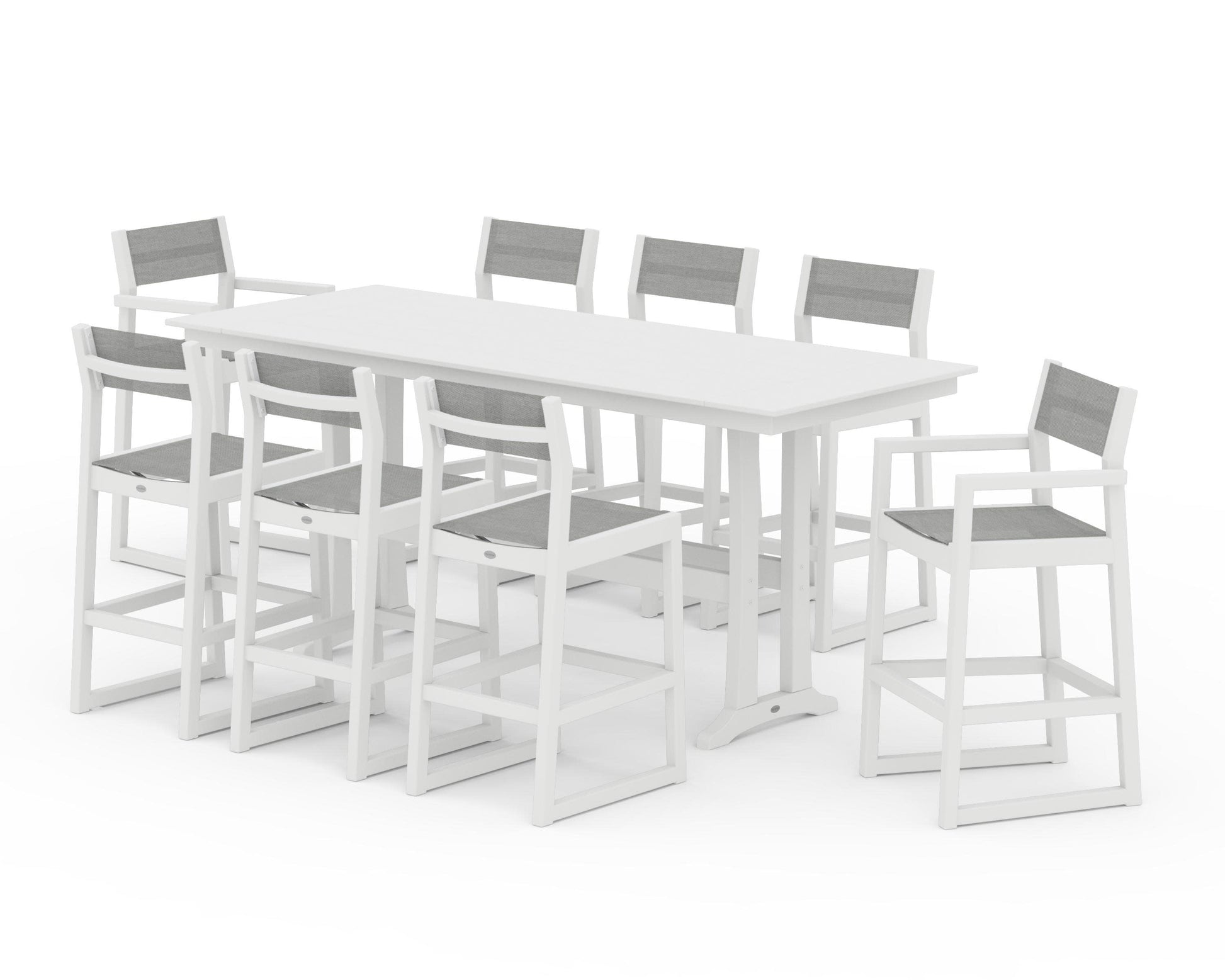 POLYWOOD EDGE Sling 9-Piece Farmhouse Bar Set with Trestle Legs — White / Metallic Sling