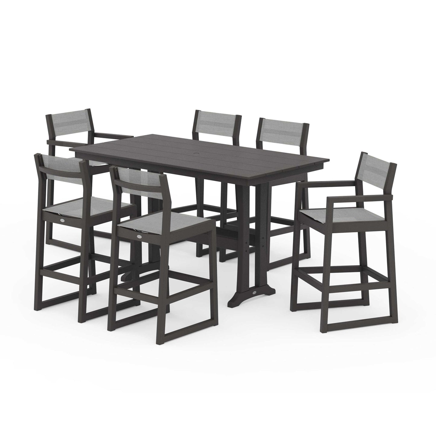 POLYWOOD EDGE Sling 7-Piece Farmhouse Bar Set with Trestle Legs — Vintage Coffee / Metallic Sling