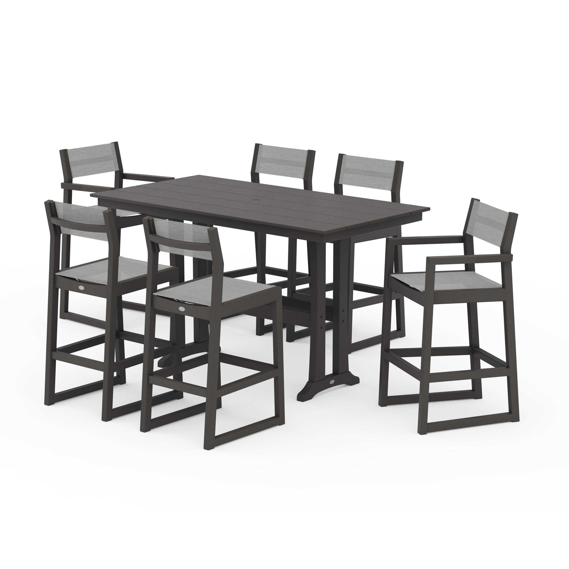 POLYWOOD EDGE Sling 7-Piece Farmhouse Bar Set with Trestle Legs — Vintage Coffee / Metallic Sling