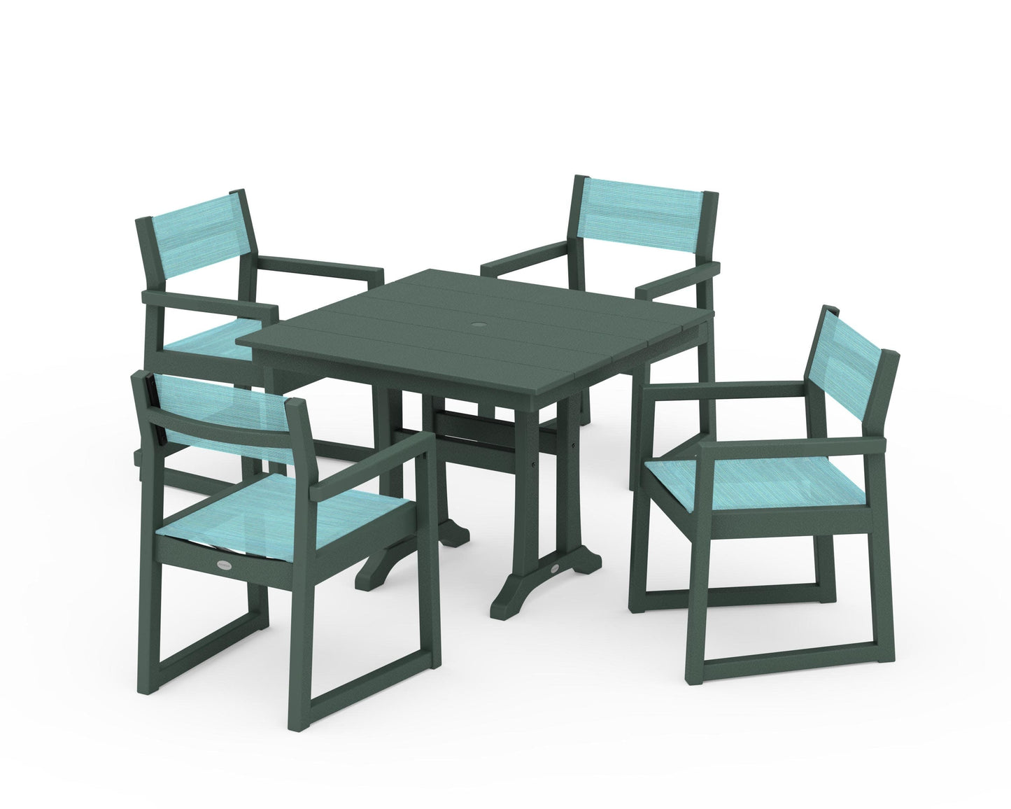 POLYWOOD EDGE Sling 5-Piece Farmhouse Dining Set with Trestle Legs — Green / Dupioni Aquamarine Sling