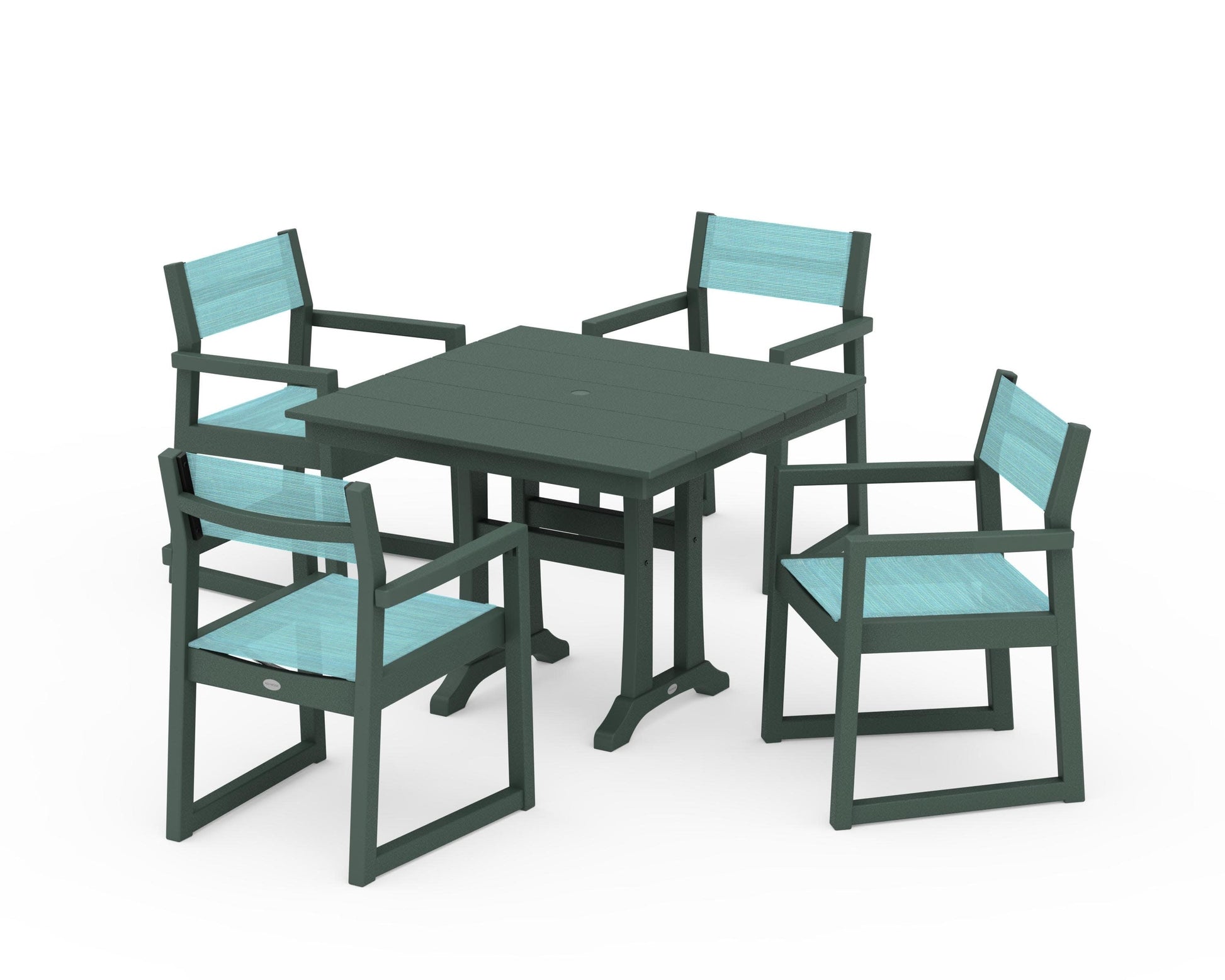 POLYWOOD EDGE Sling 5-Piece Farmhouse Dining Set with Trestle Legs — Green / Dupioni Aquamarine Sling