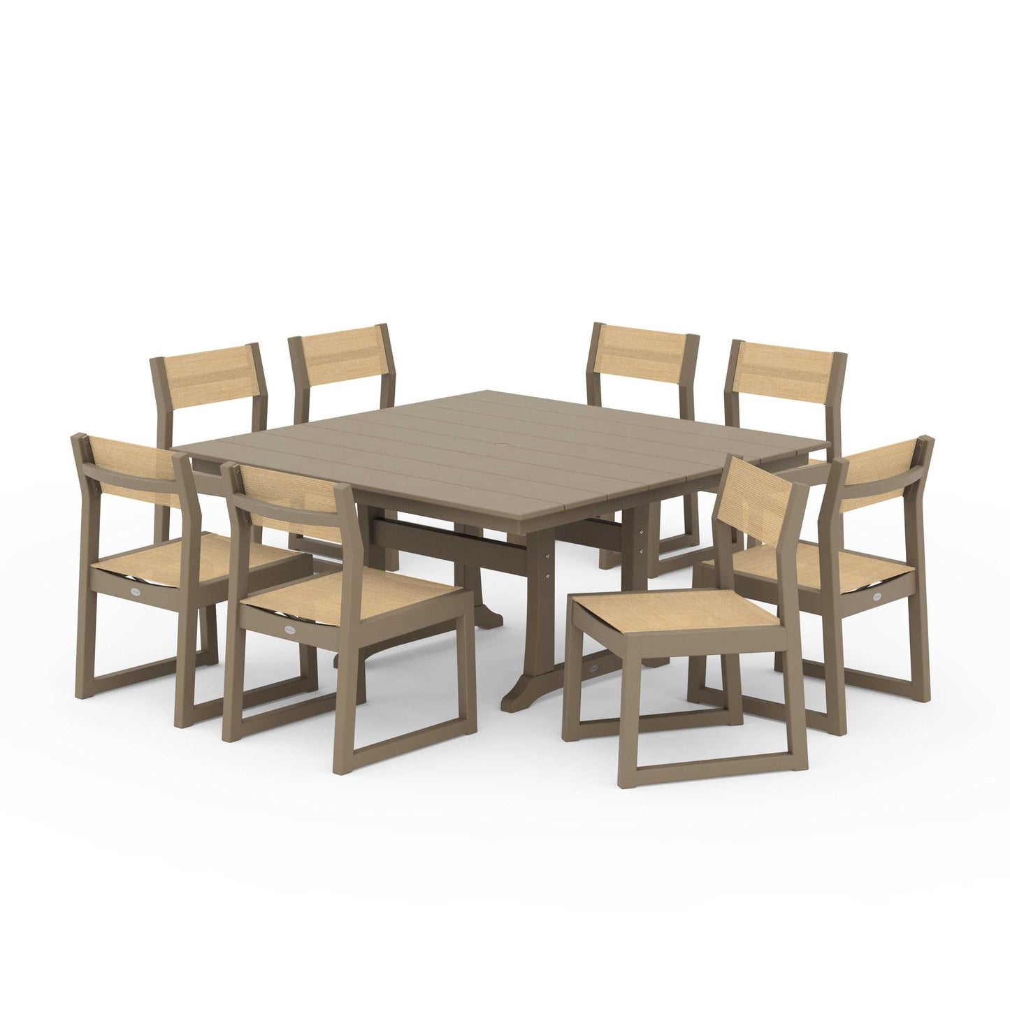 POLYWOOD EDGE Sling Side Chair 9-Piece Farmhouse Trestle Dining Set — Vintage Sahara / Dupioni Apricot Sling