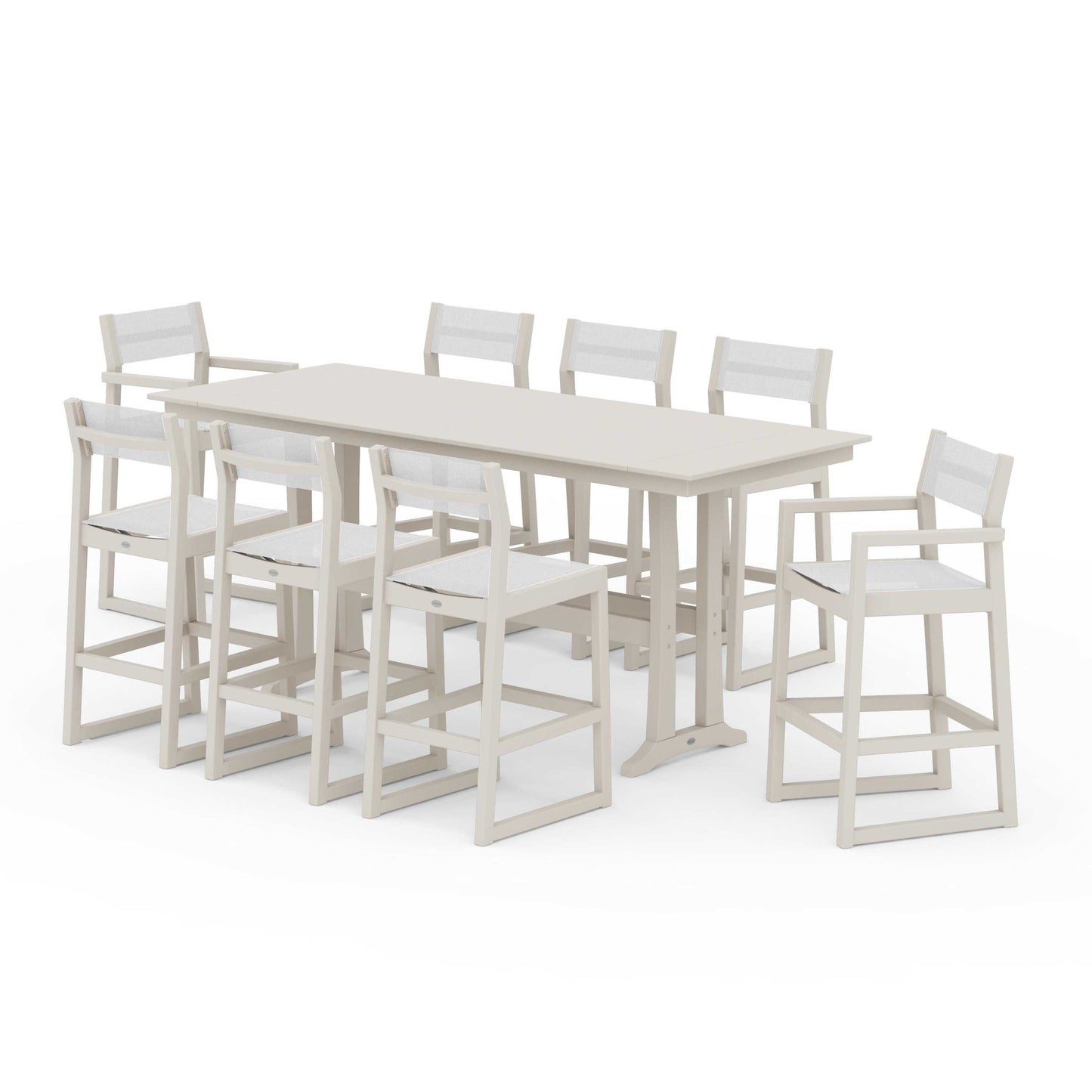 POLYWOOD EDGE Sling 9-Piece Farmhouse Bar Set with Trestle Legs — Sand / White Sling