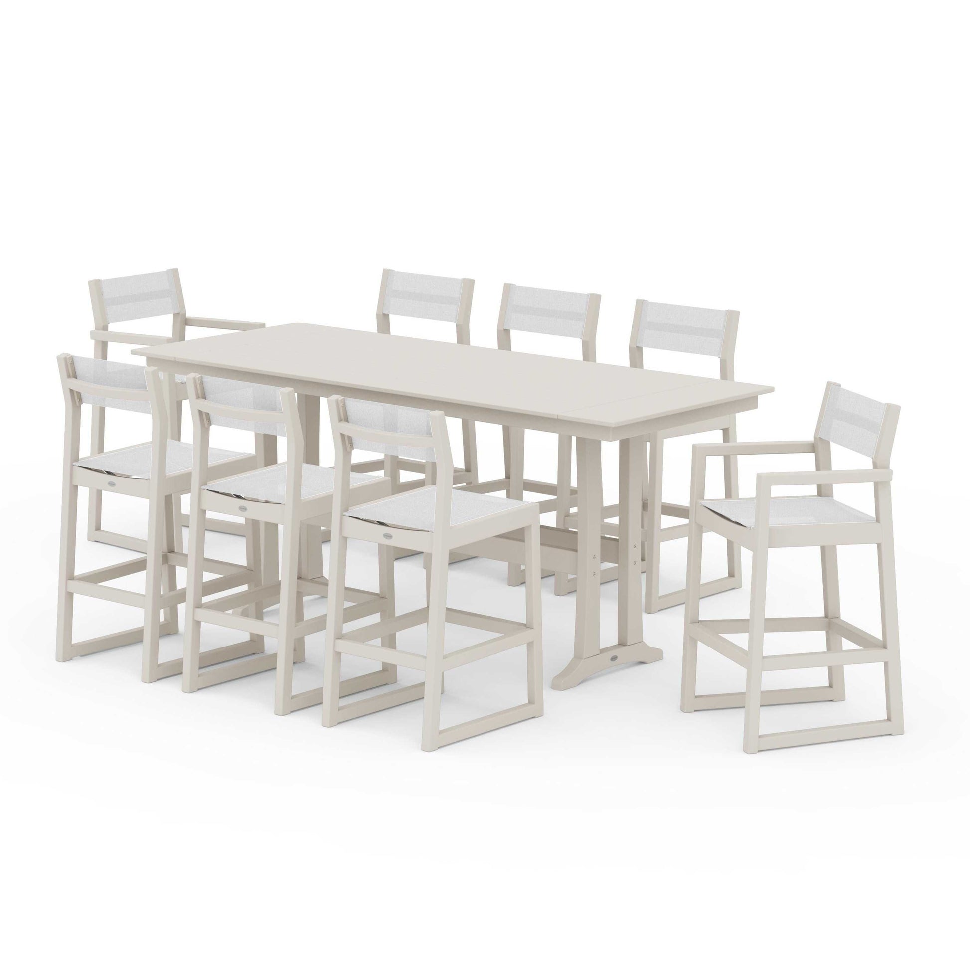 POLYWOOD EDGE Sling 9-Piece Farmhouse Bar Set with Trestle Legs — Sand / White Sling