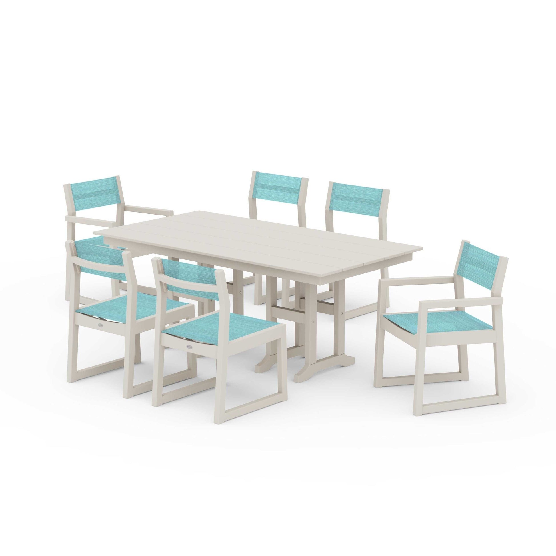 POLYWOOD EDGE Sling 7-Piece Farmhouse Dining Set — Sand / Dupioni Aquamarine Sling