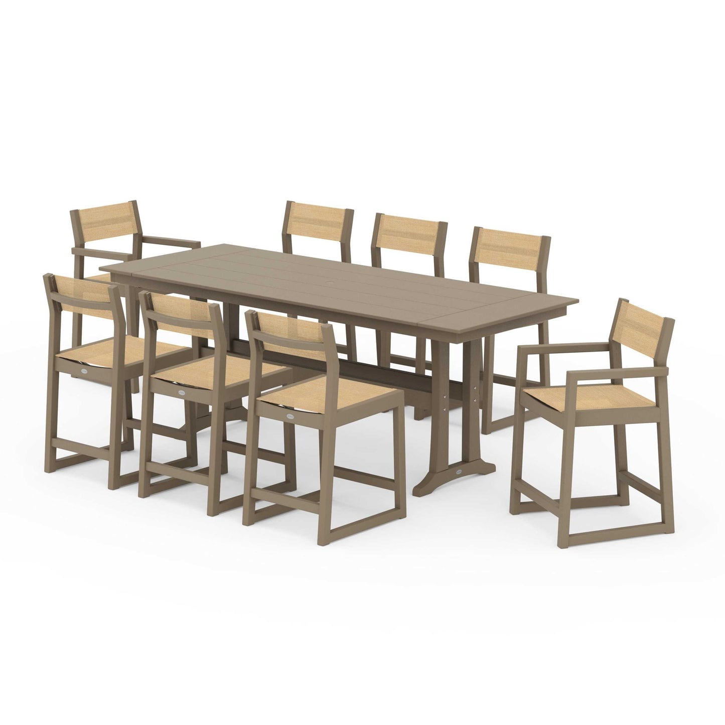 POLYWOOD EDGE Sling 9-Piece Farmhouse Counter Set with Trestle Legs — Vintage Sahara / Dupioni Apricot Sling