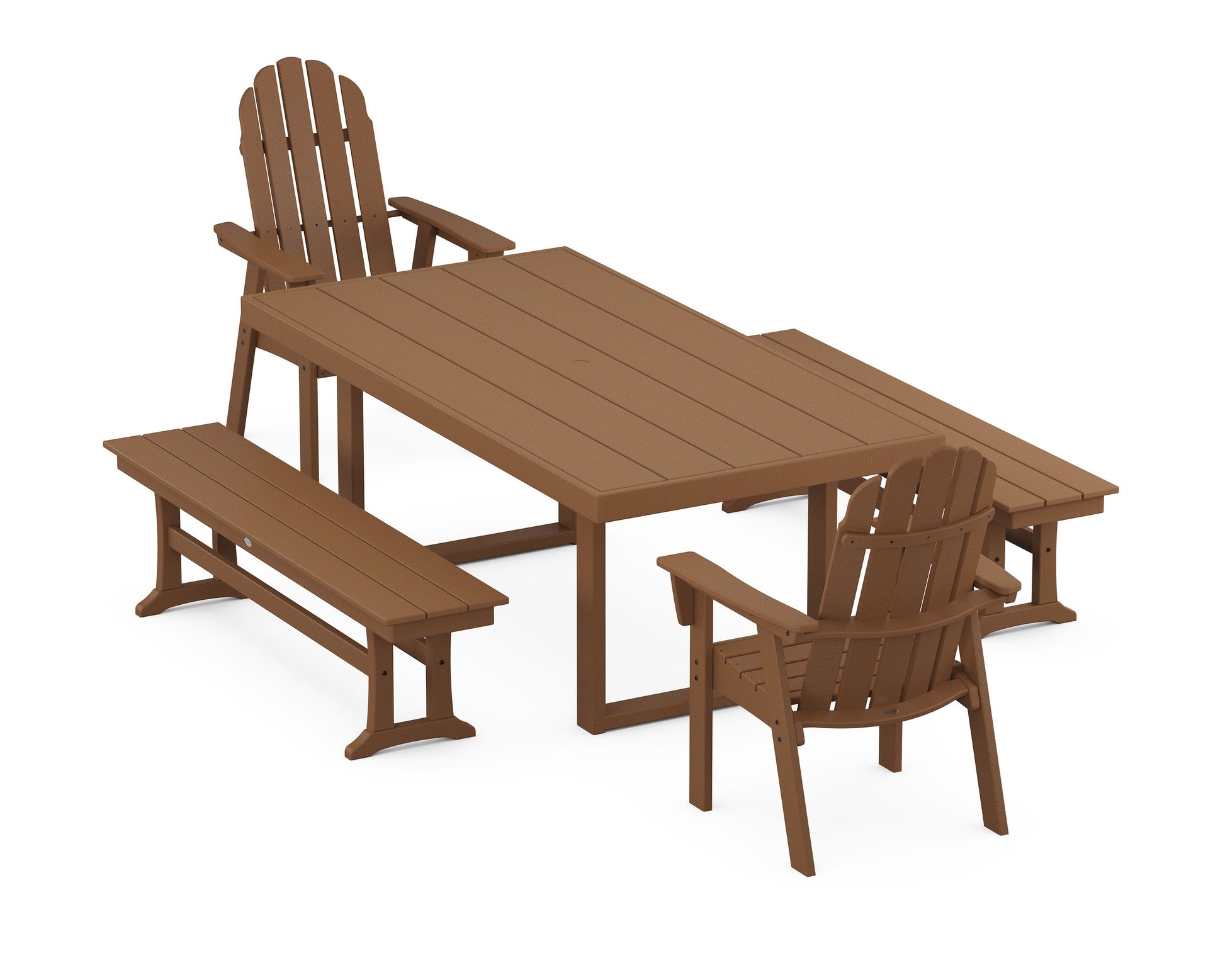 POLYWOOD Vineyard Adirondack 5-Piece Dining Set with Benches — Teak