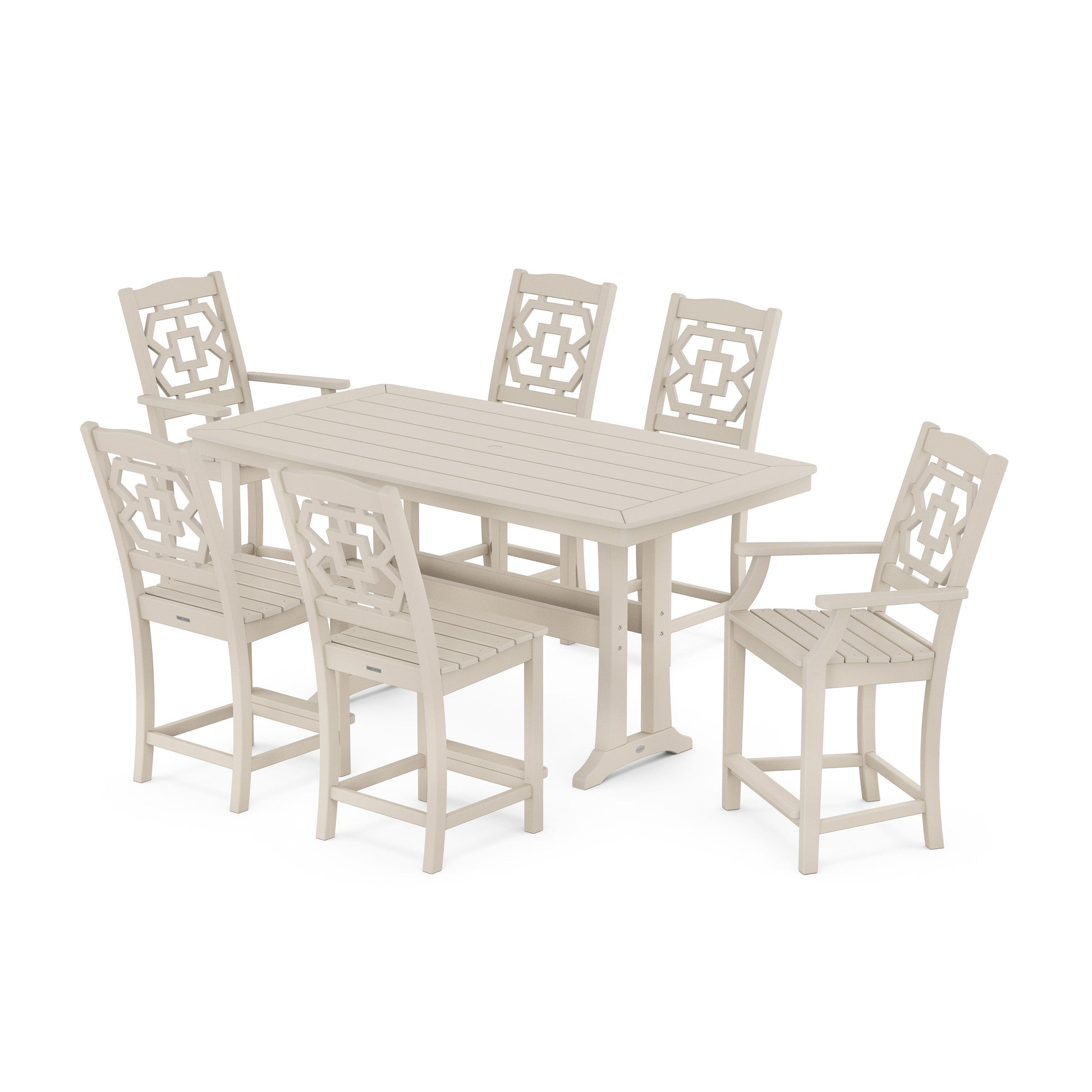 POLYWOOD Chinoiserie 7-Piece Counter Set with Trestle Legs — Sand
