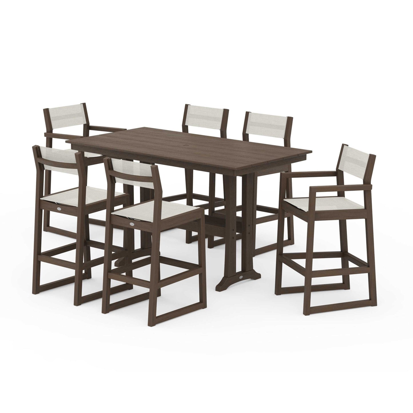 POLYWOOD EDGE Sling 7-Piece Farmhouse Bar Set with Trestle Legs — Kona / Parchment Sling