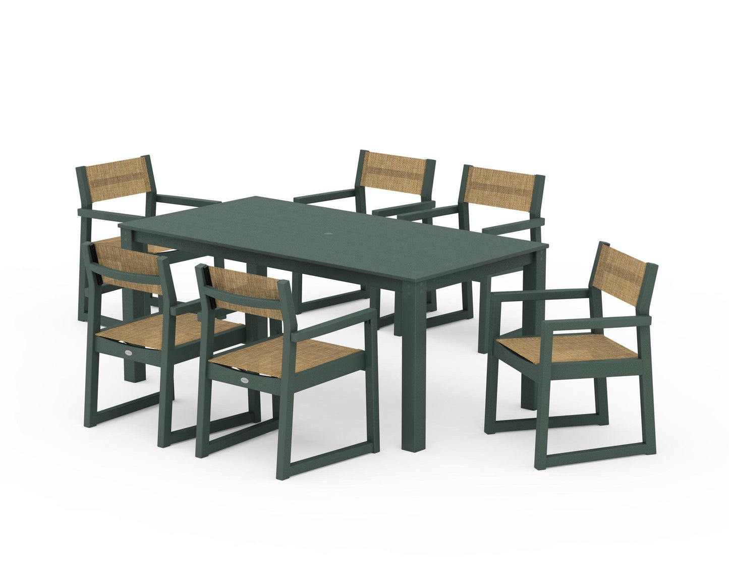 POLYWOOD EDGE Sling Arm Chair 7-Piece Parsons Dining Set — Green / Burlap Sling
