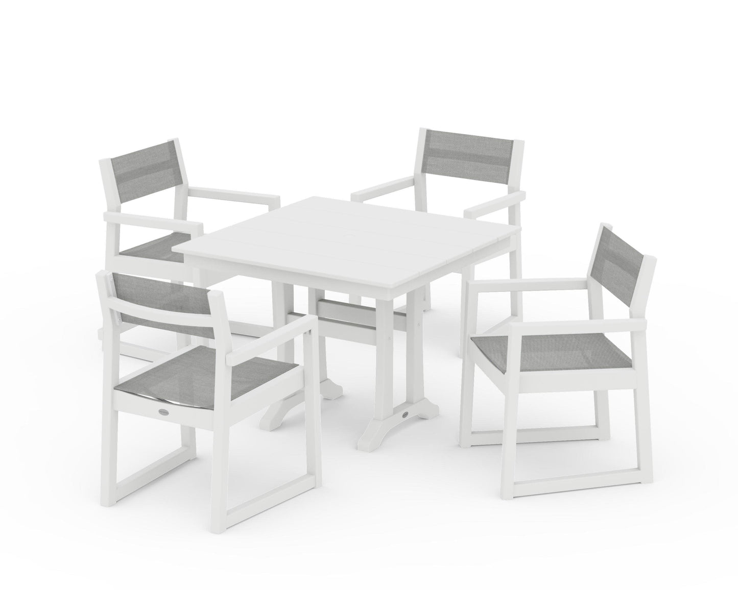 POLYWOOD EDGE Sling 5-Piece Farmhouse Dining Set with Trestle Legs — White / Metallic Sling