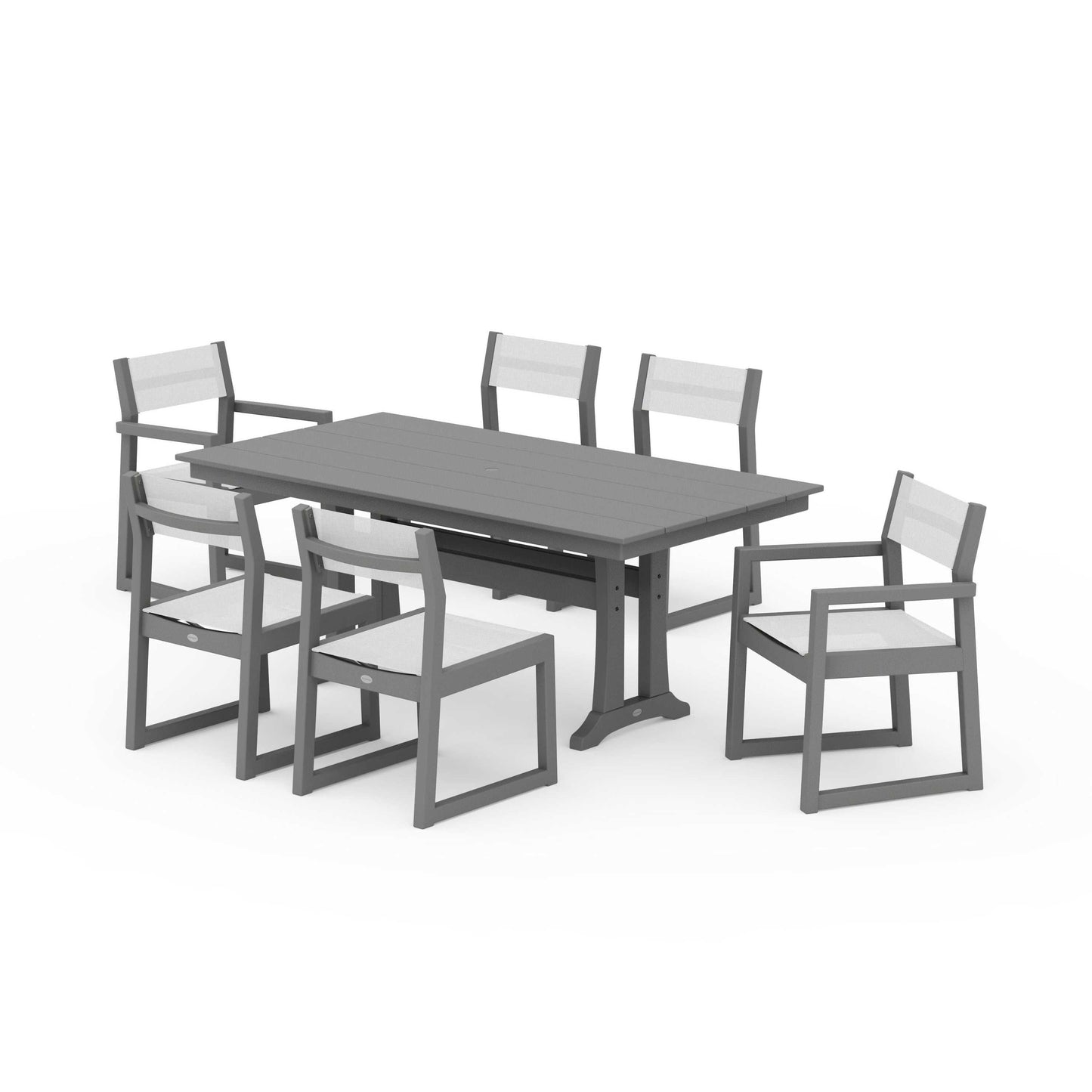 POLYWOOD EDGE Sling 7-Piece Farmhouse Trestle Dining Set — Slate Grey / White Sling