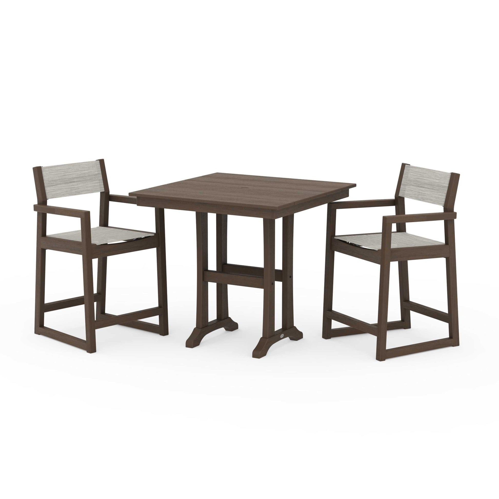 POLYWOOD EDGE Sling Arm Chair 3-Piece Farmhouse Counter Set with Trestle Legs — Kona / Birch Sling