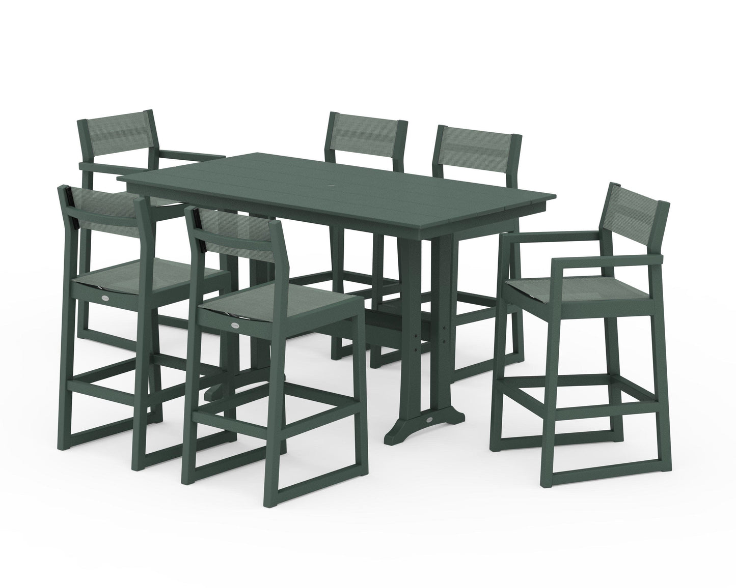 POLYWOOD EDGE Sling 7-Piece Farmhouse Bar Set with Trestle Legs — Green / Dupioni Sea Mist Sling