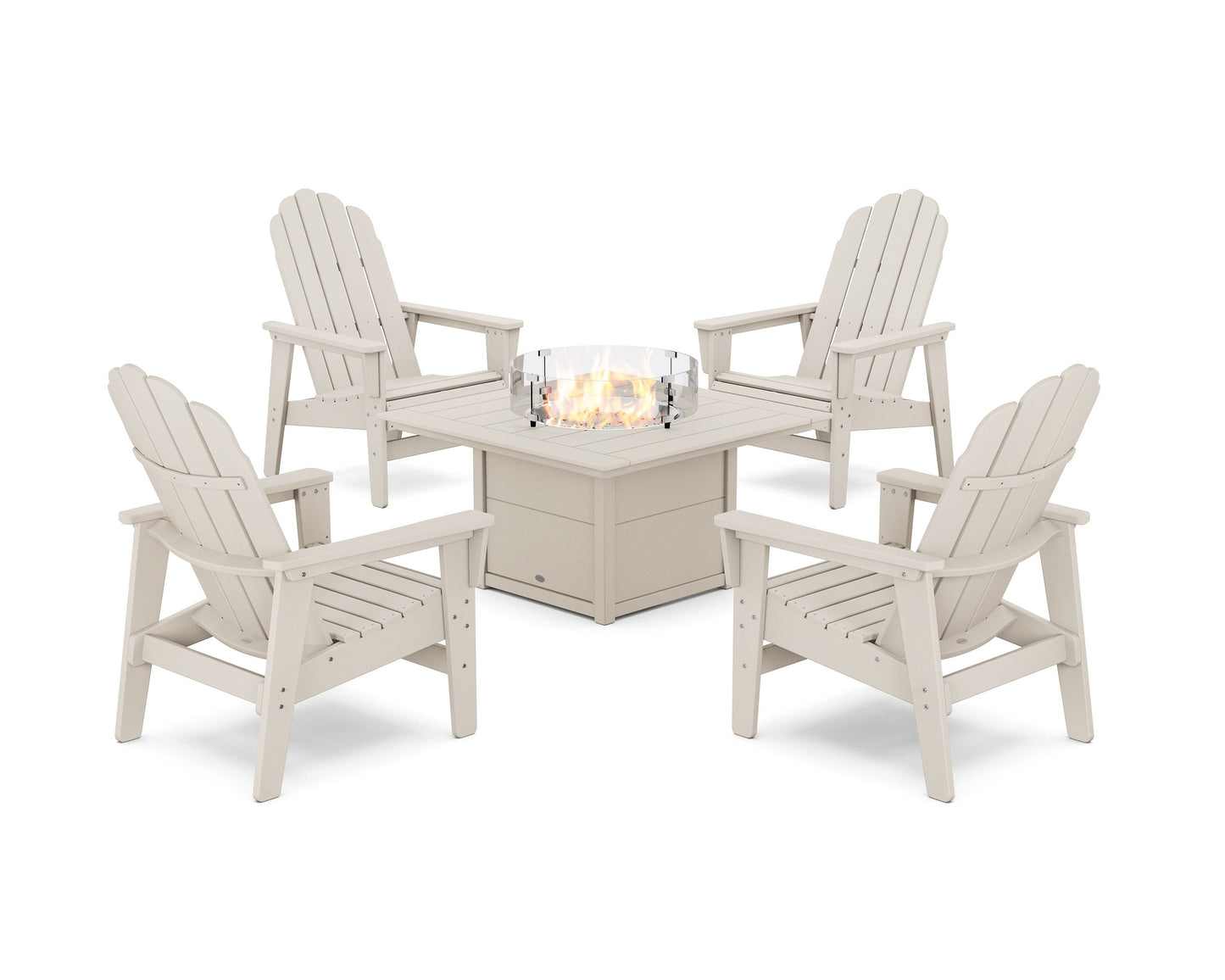 POLYWOOD 5-Piece Vineyard Grand Upright Adirondack Conversation Set with Fire Pit Table — Sand