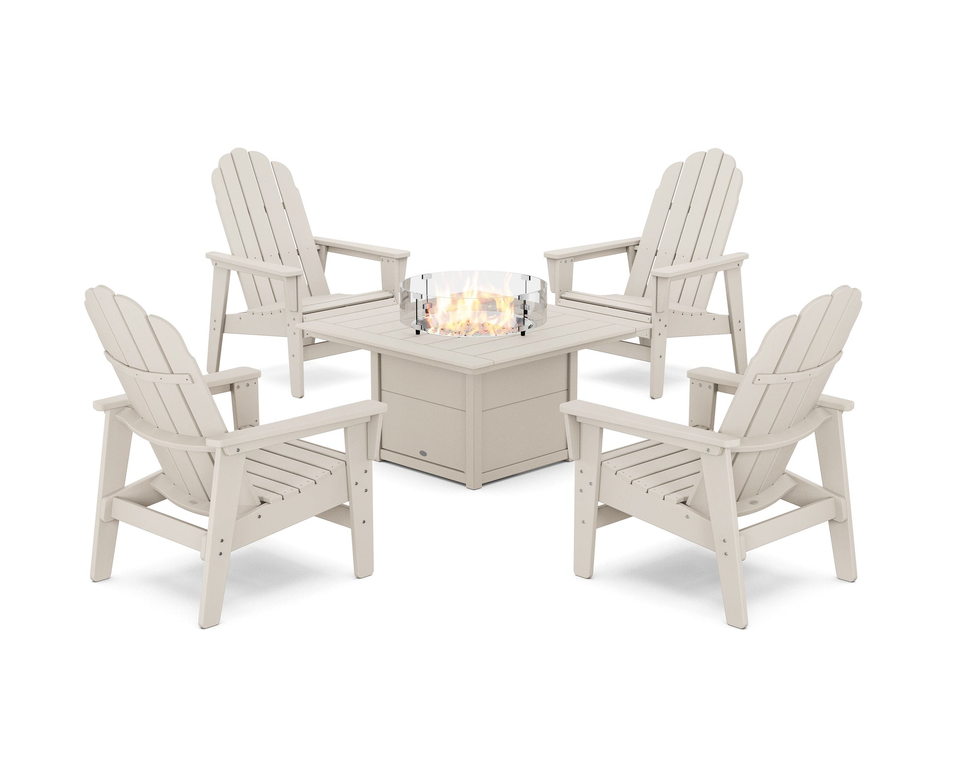 POLYWOOD 5-Piece Vineyard Grand Upright Adirondack Conversation Set with Fire Pit Table — Sand