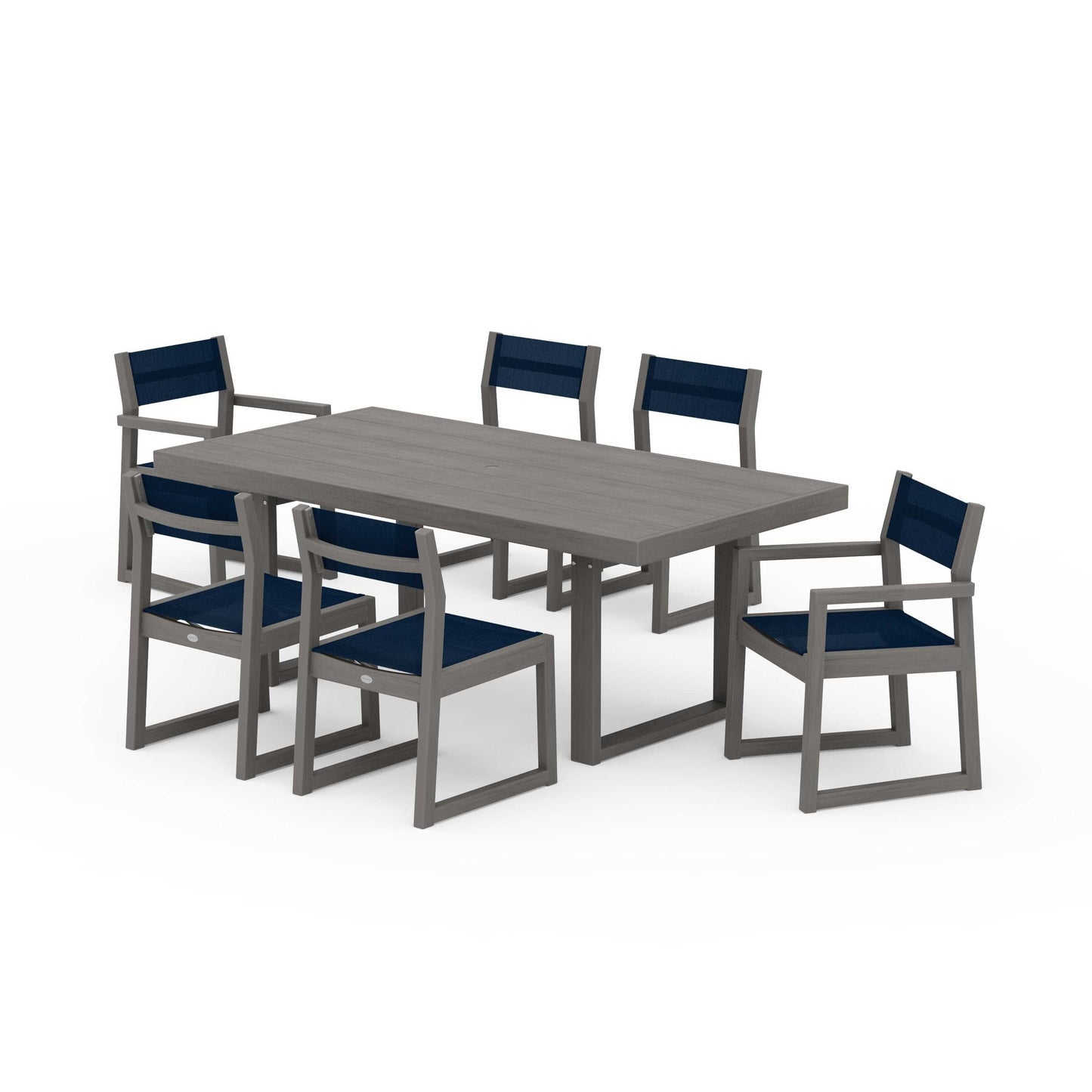 POLYWOOD EDGE Sling 7-Piece Dining Set — Driftwood / Navy Blue Sling