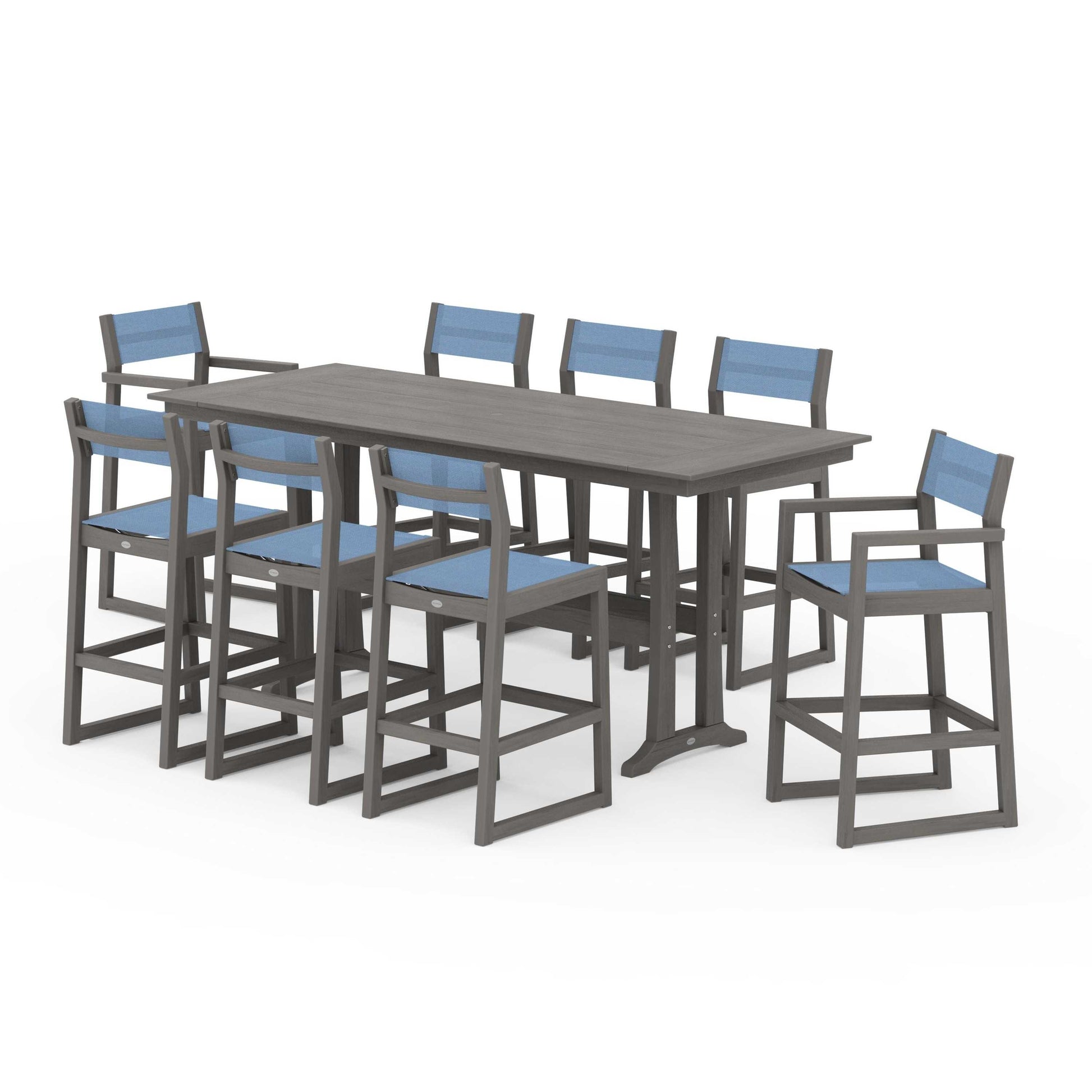 POLYWOOD EDGE Sling 9-Piece Farmhouse Bar Set with Trestle Legs — Driftwood / Poolside Sling