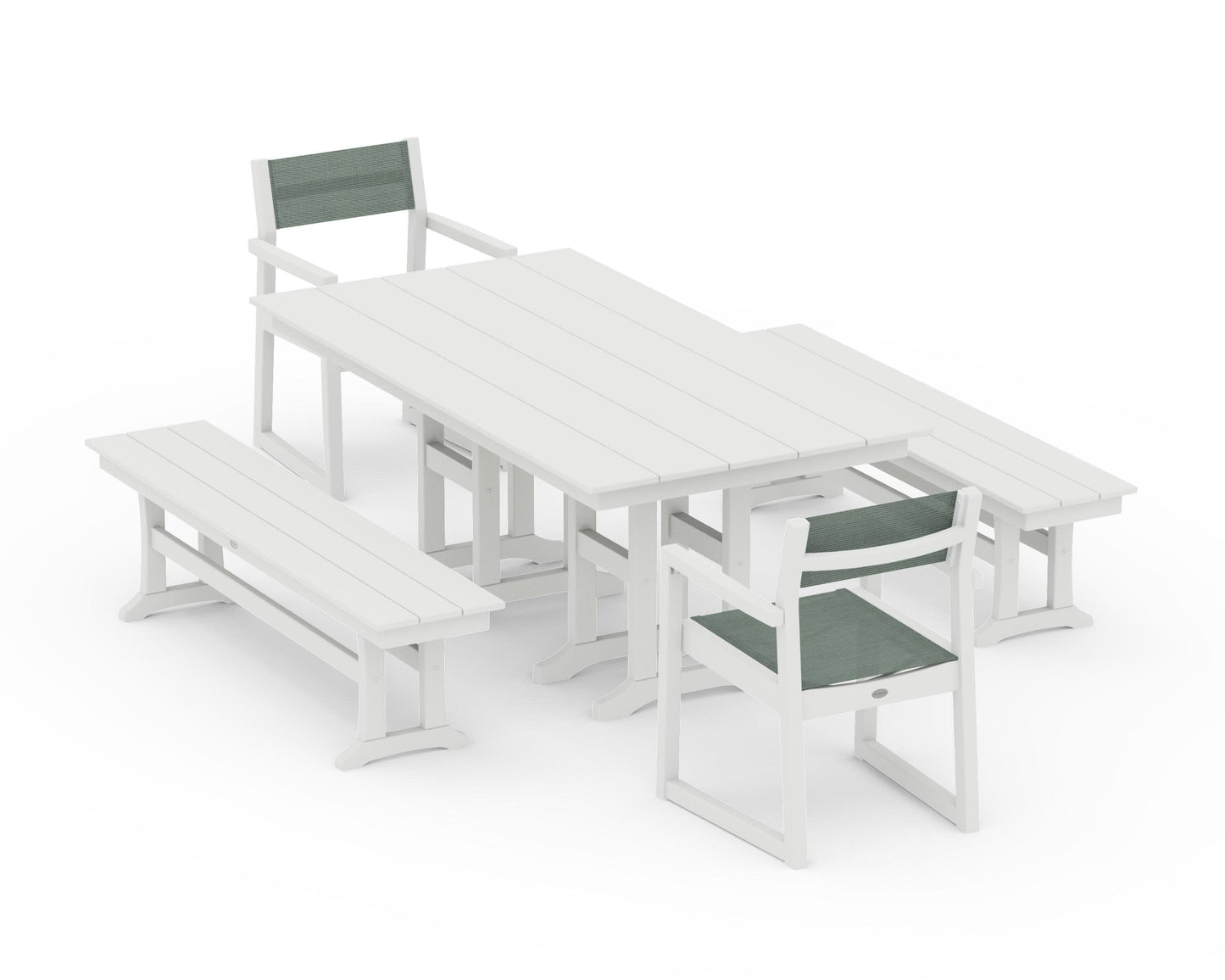 POLYWOOD EDGE Sling Arm Chair 5-Piece Farmhouse Dining Set with Benches — Vintage White / Dupioni Sea Mist Sling