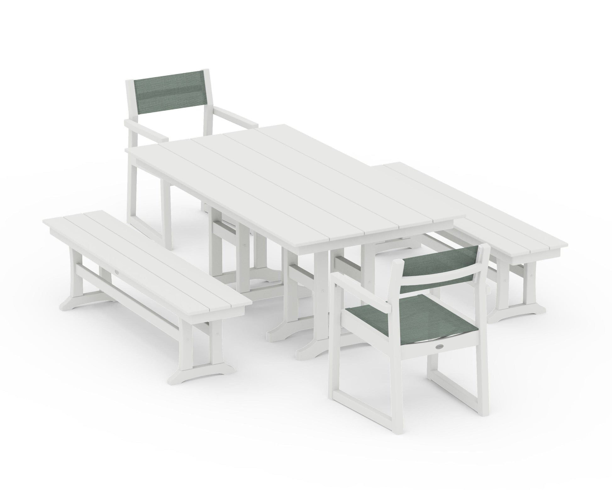 POLYWOOD EDGE Sling Arm Chair 5-Piece Farmhouse Dining Set with Benches — Vintage White / Dupioni Sea Mist Sling