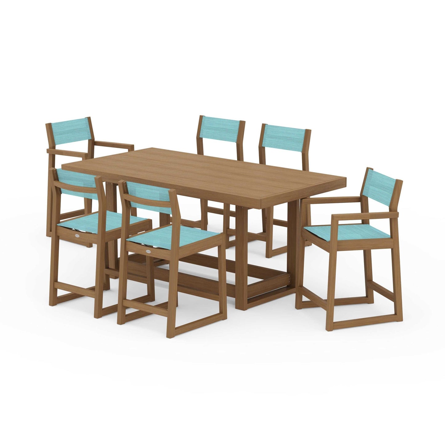POLYWOOD EDGE Sling 7-Piece Counter Table Set — Natural / Dupioni Aquamarine Sling