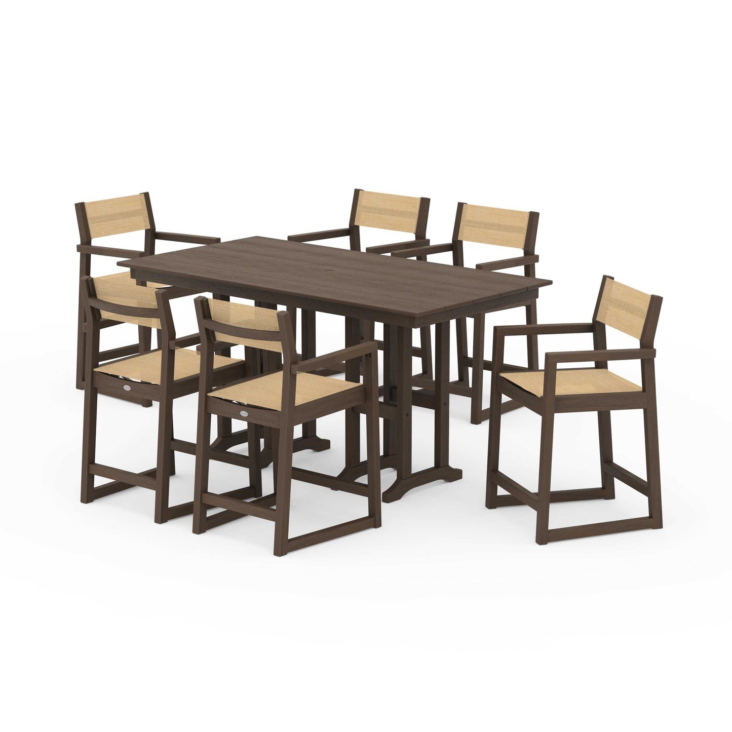 POLYWOOD EDGE Sling Arm Chair 7-Piece Farmhouse Counter Set — Kona / Dupioni Apricot Sling