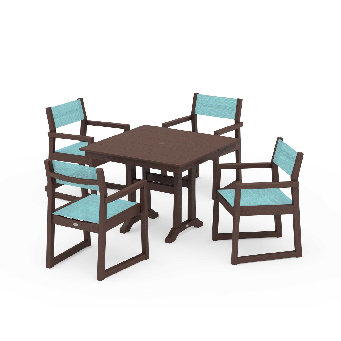 POLYWOOD EDGE Sling 5-Piece Farmhouse Dining Set with Trestle Legs — Mahogany / Dupioni Aquamarine Sling