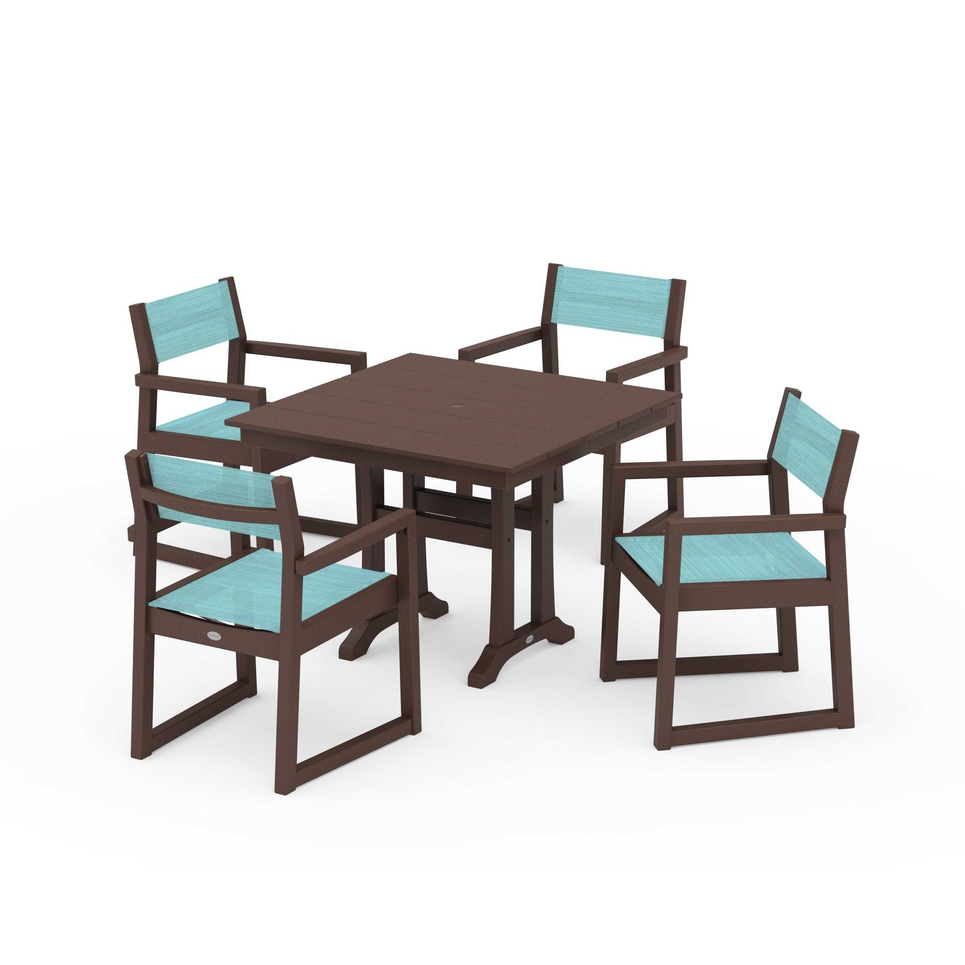 POLYWOOD EDGE Sling 5-Piece Farmhouse Dining Set with Trestle Legs — Mahogany / Dupioni Aquamarine Sling