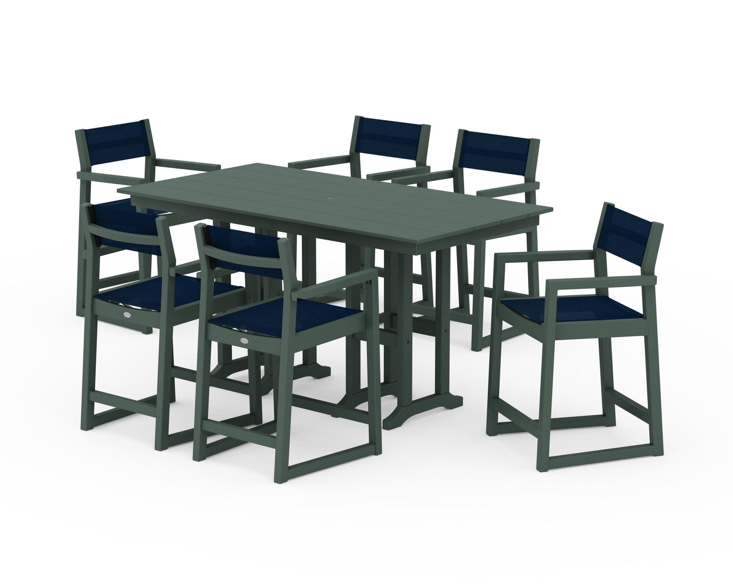 POLYWOOD EDGE Sling Arm Chair 7-Piece Farmhouse Counter Set — Green / Navy Blue Sling