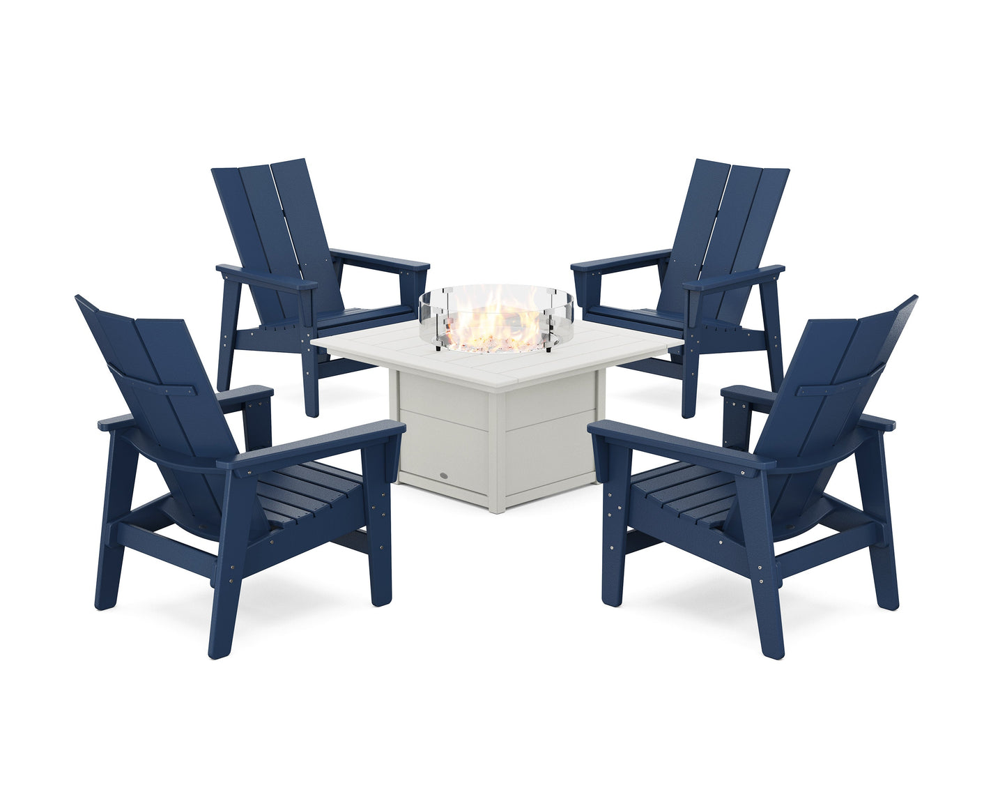 POLYWOOD 5-Piece Modern Grand Upright Adirondack Conversation Set with Fire Pit Table — Navy / White