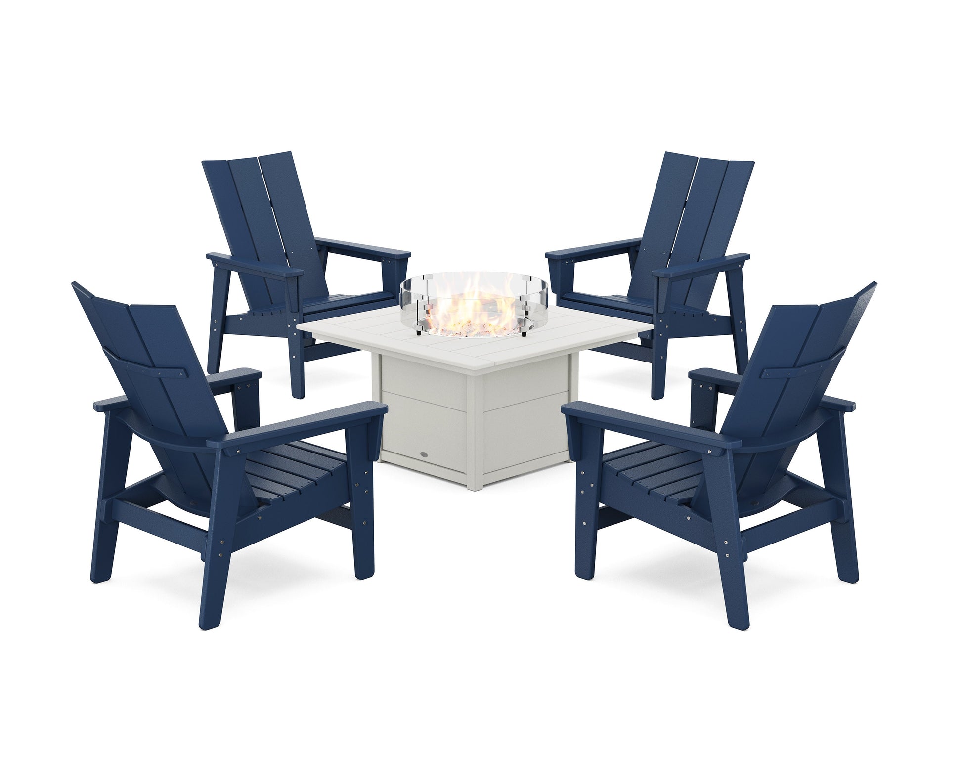 POLYWOOD 5-Piece Modern Grand Upright Adirondack Conversation Set with Fire Pit Table — Navy / White