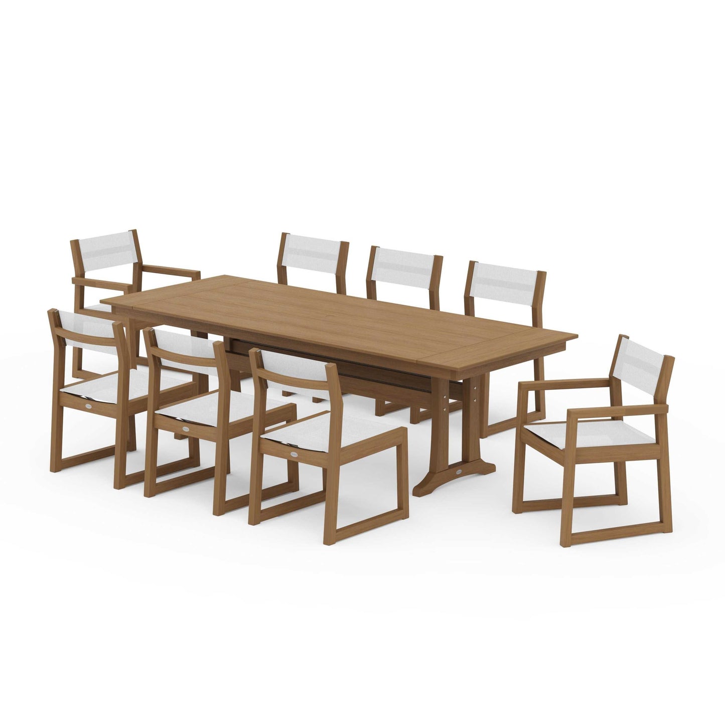 POLYWOOD EDGE Sling 9-Piece Farmhouse Trestle Dining Set — Natural / White Sling